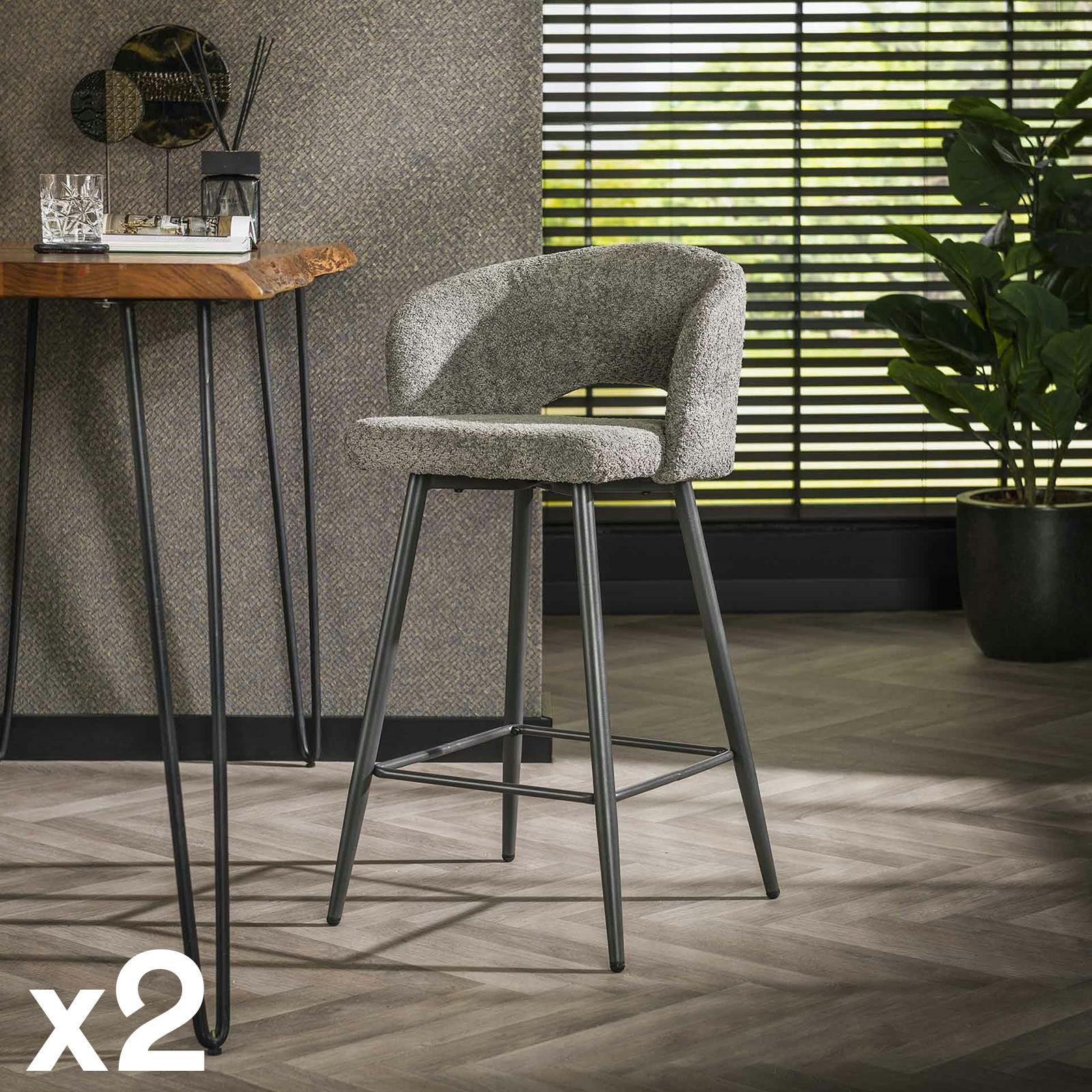 Tabouret de bar en tissu bouclette gris avec dossier ouvert (lot de 2) GALWAY