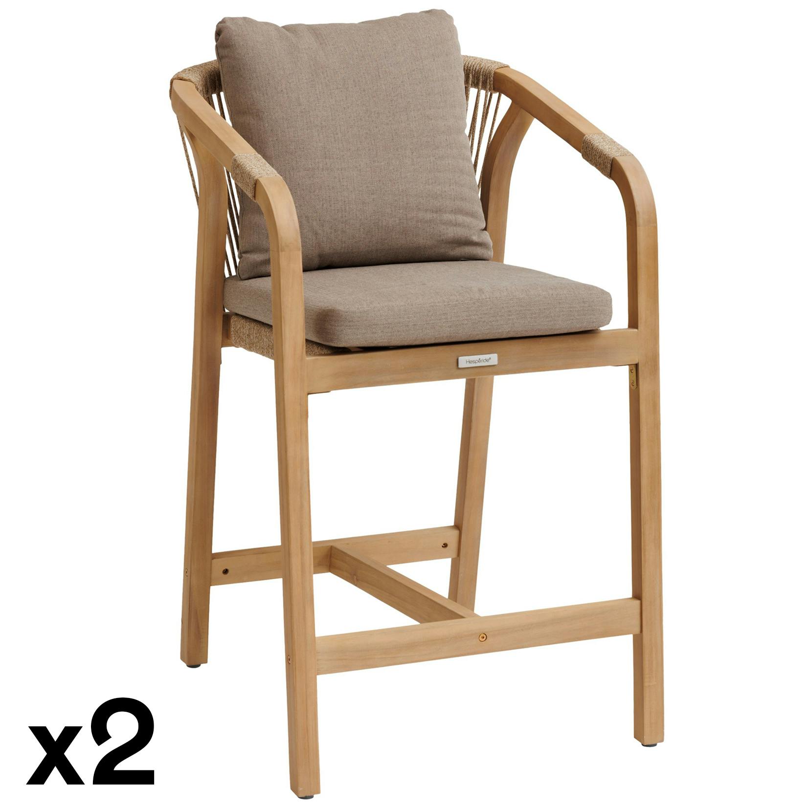 Tabouret de bar exterieur bois d'acacia et tissu taupe (lot de 2) IBIZA