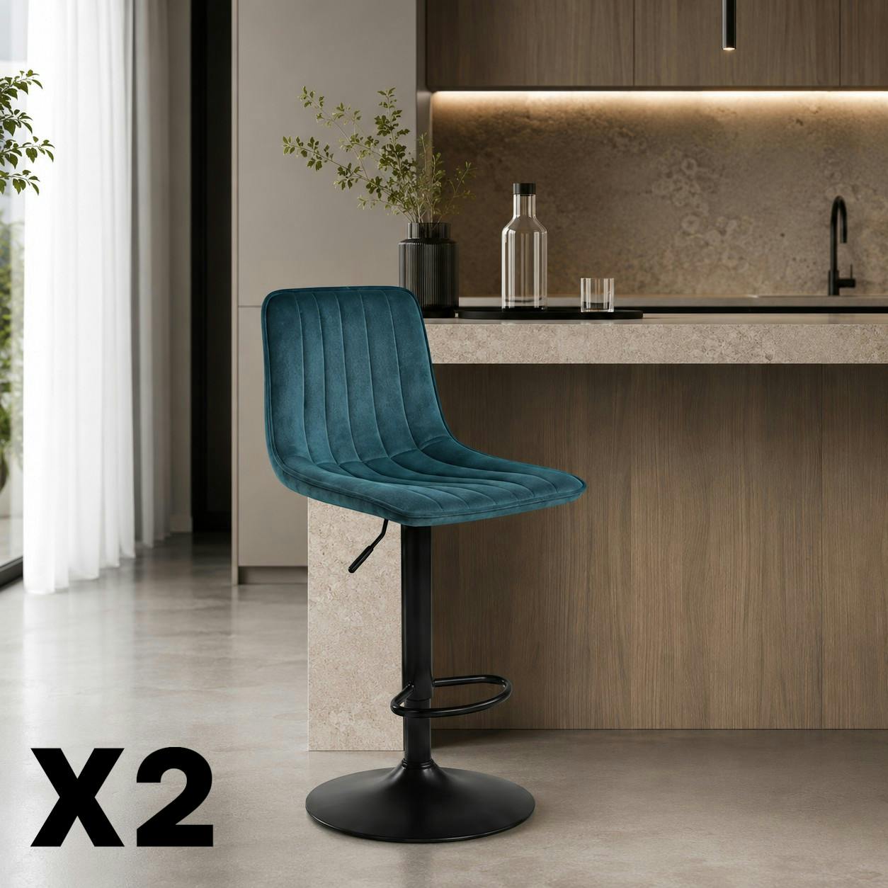 Tabouret de bar réglable bleu coutures verticales (x2) LORA