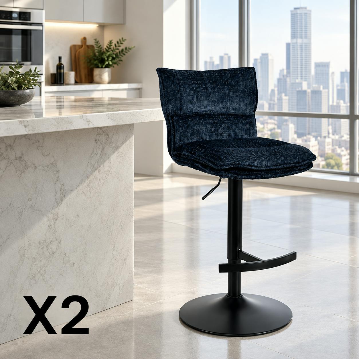 Tabouret de bar réglable en tissu bleu nuit (lot de 2) IENA