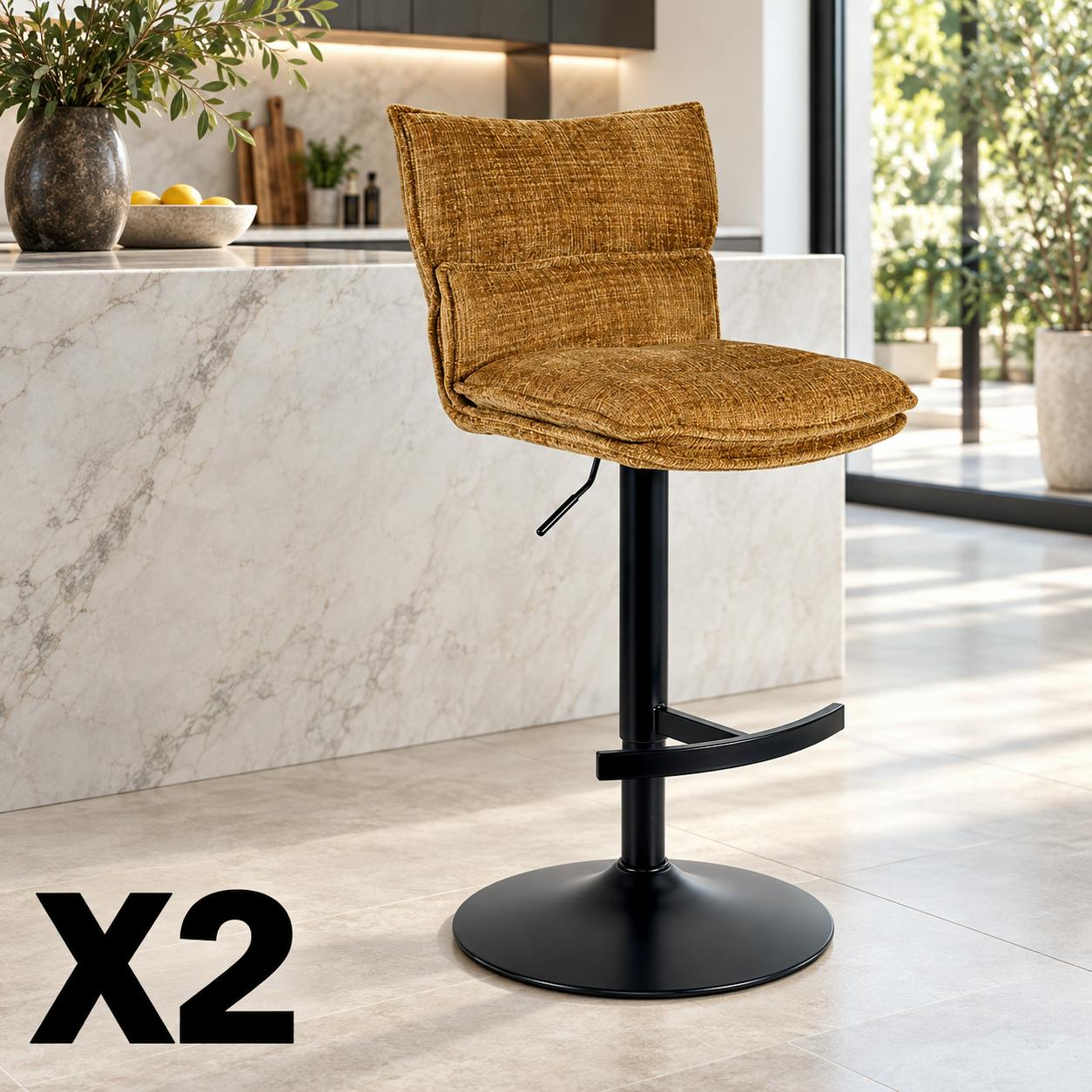 Tabouret de bar réglable en tissu moutarde (lot de 2) IENA