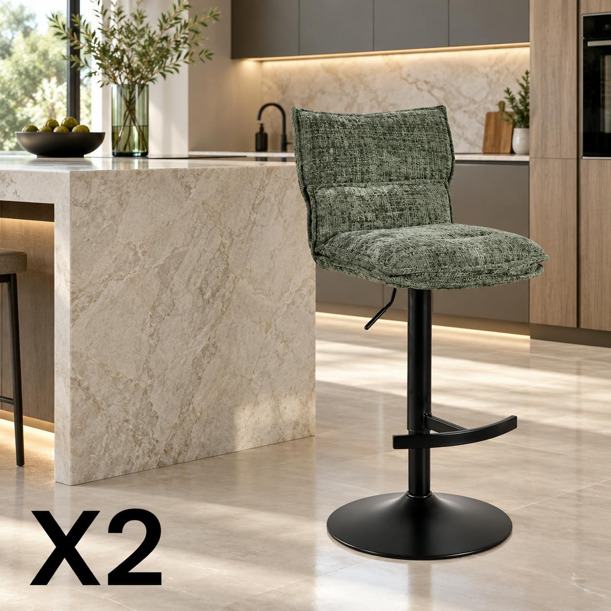Tabouret de bar réglable en tissu vert (lot de 2) IENA