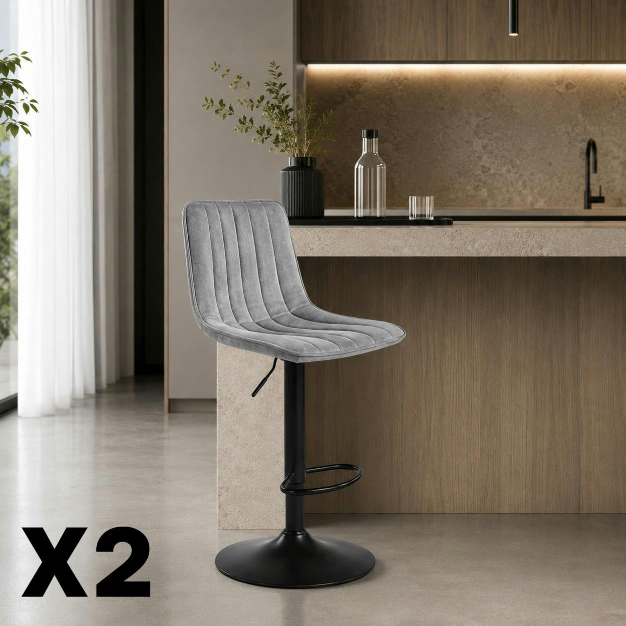 Tabouret de bar réglable gris clair coutures verticales (x2) LORA