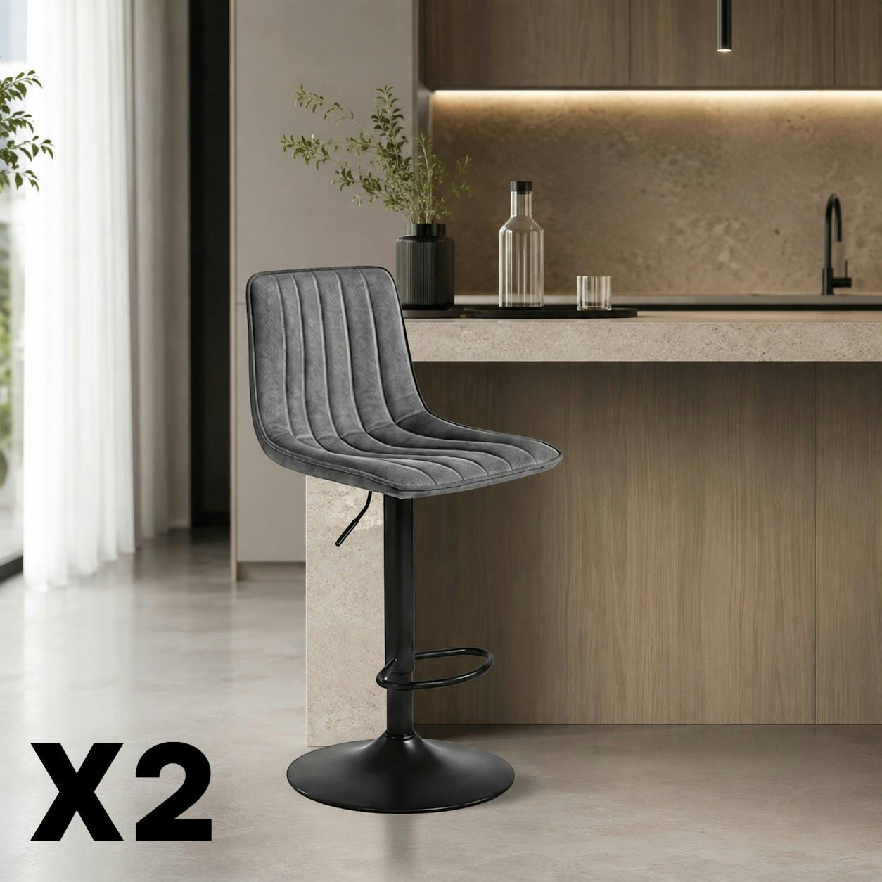 Tabouret de bar réglable gris foncé coutures verticales (x2) LORA