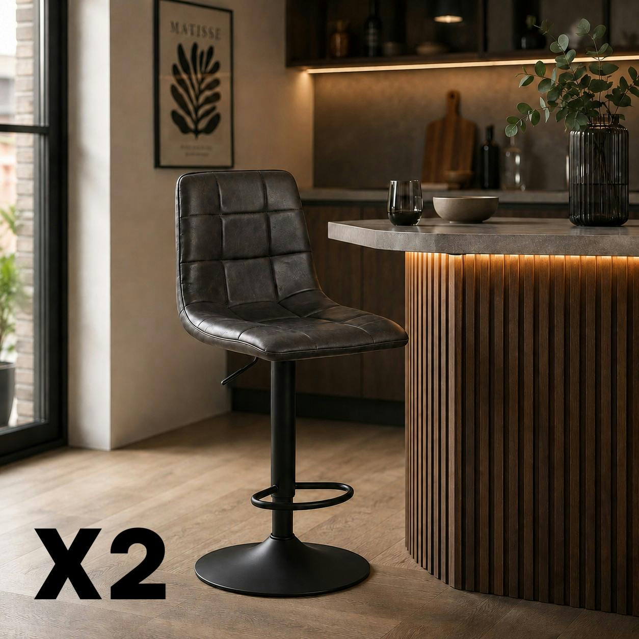 Tabouret de bar réglable gris motif damier (lot de 2) LORA