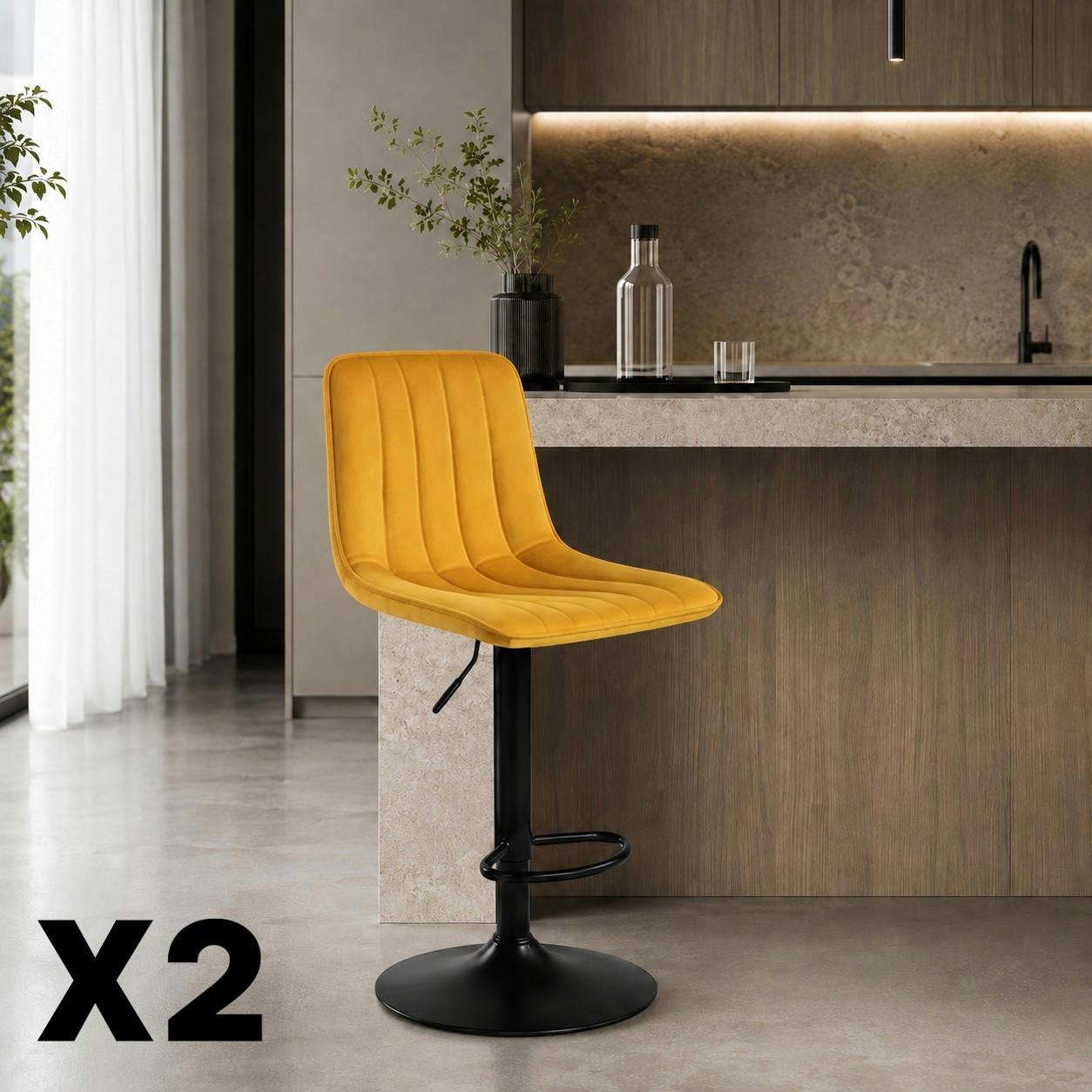 Tabouret de bar réglable jaune coutures verticales (x2) LORA