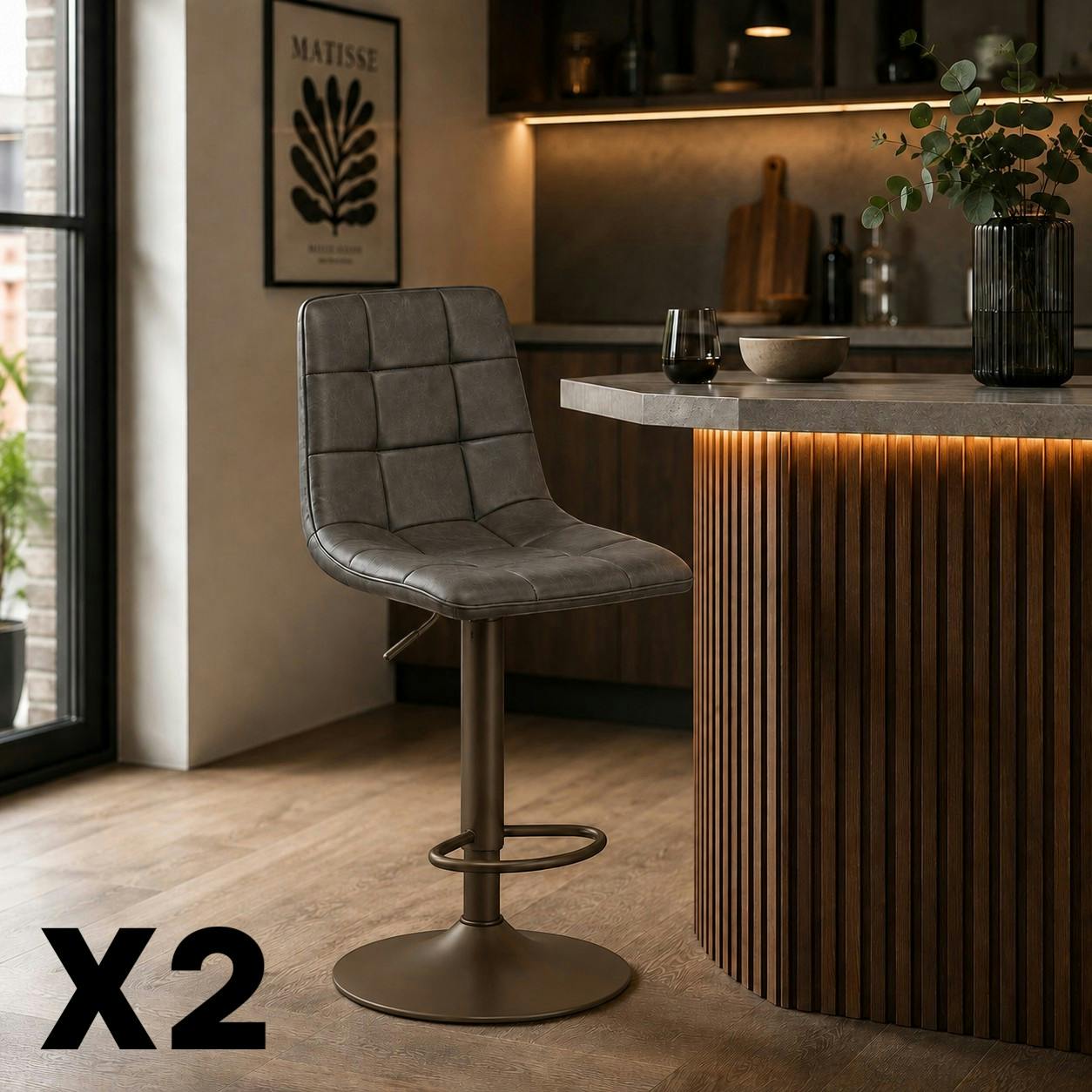 Tabouret de bar réglable marron motif damier (lot de 2) LORA