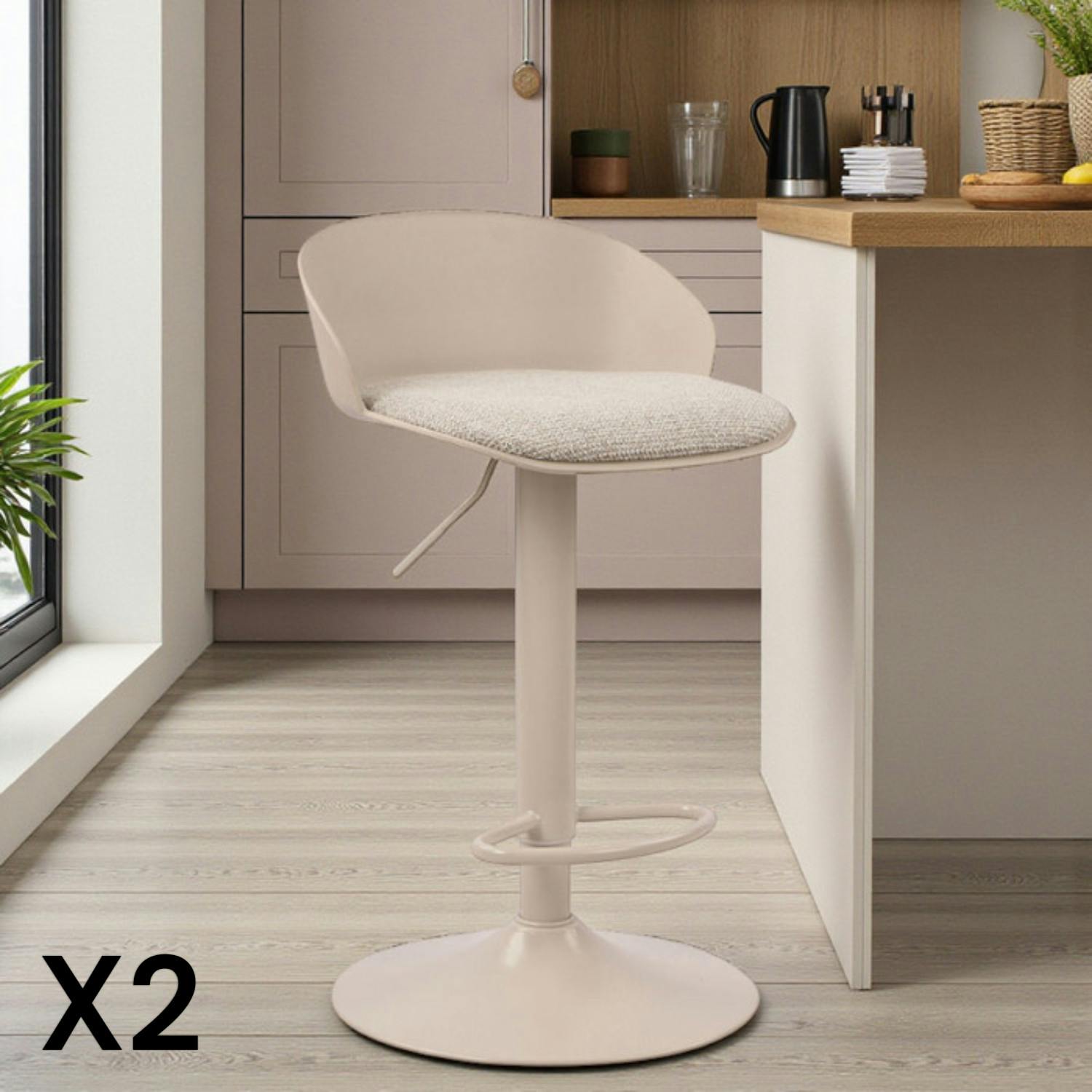Tabouret de bar réglable métal et tissu beige (lot de 2) LEEDS