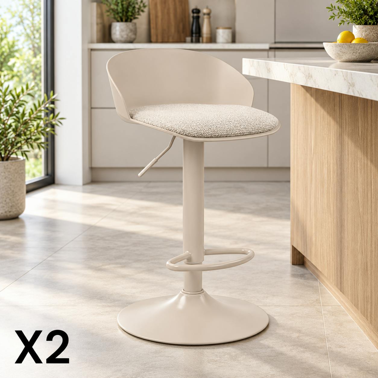 Tabouret de bar réglable métal et tissu beige (lot de 2) LEEDS