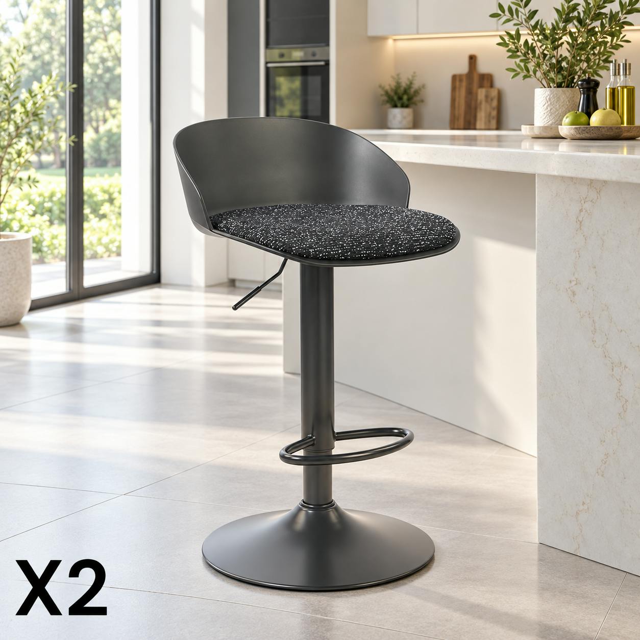 Tabouret de bar réglable métal et tissu noir (lot de 2) LEEDS