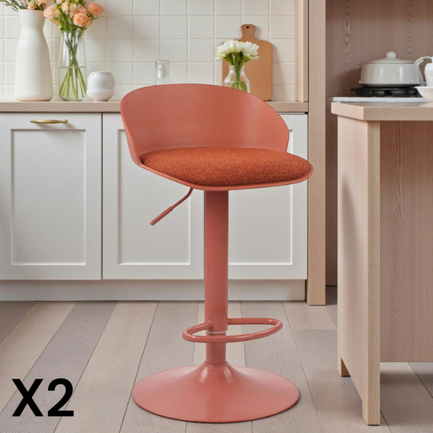 Tabouret de bar réglable métal et tissu terracotta (lot de 2) LEEDS