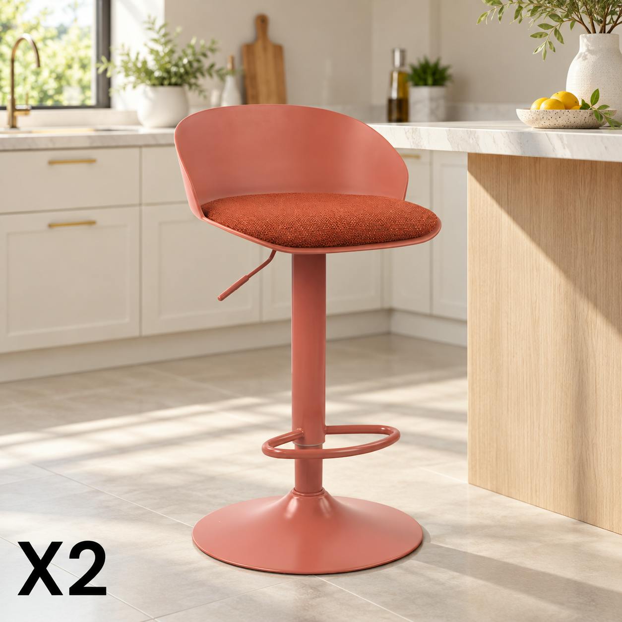 Tabouret de bar réglable métal et tissu terracotta (lot de 2) LEEDS