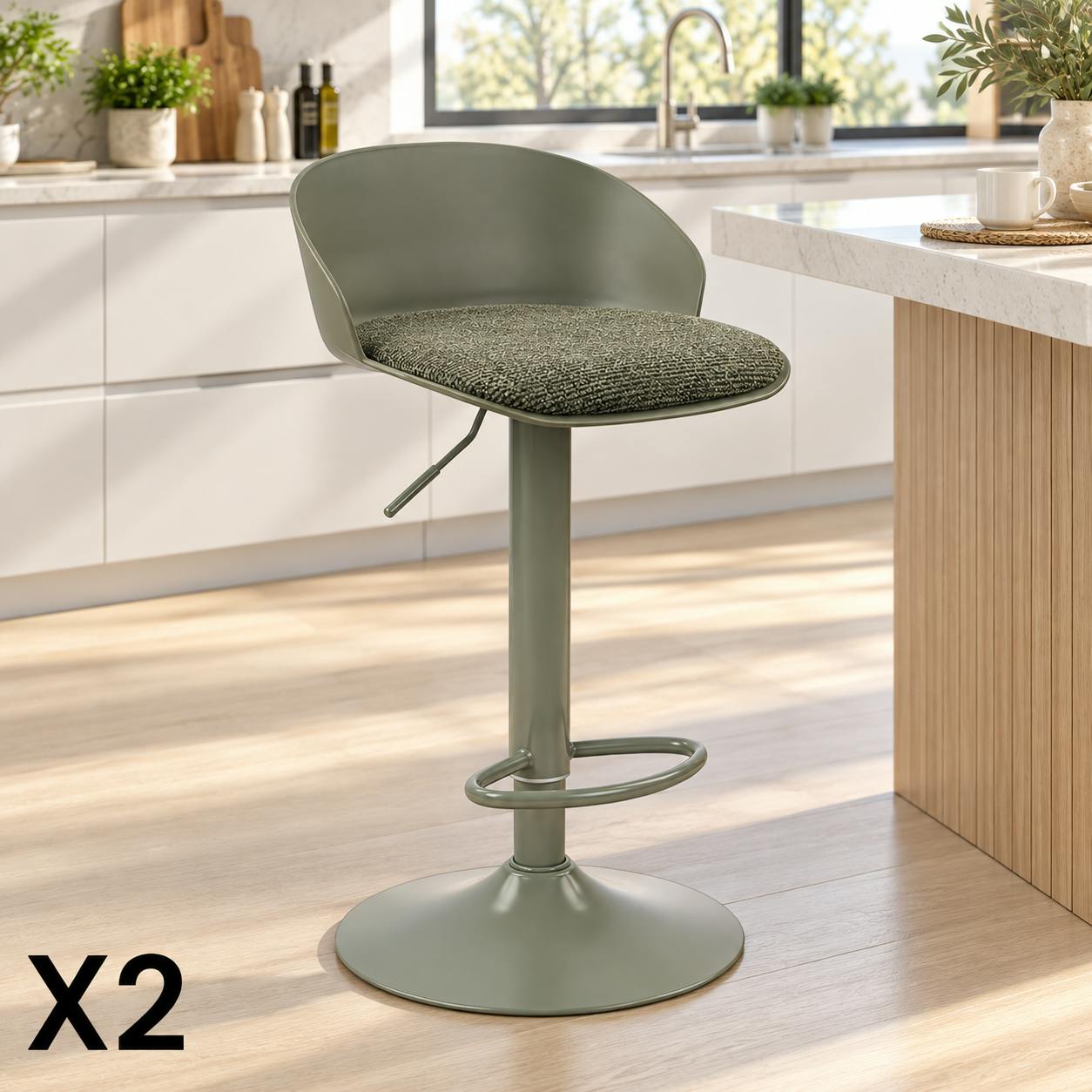 Tabouret de bar réglable métal et tissu vert (lot de 2) LEEDS