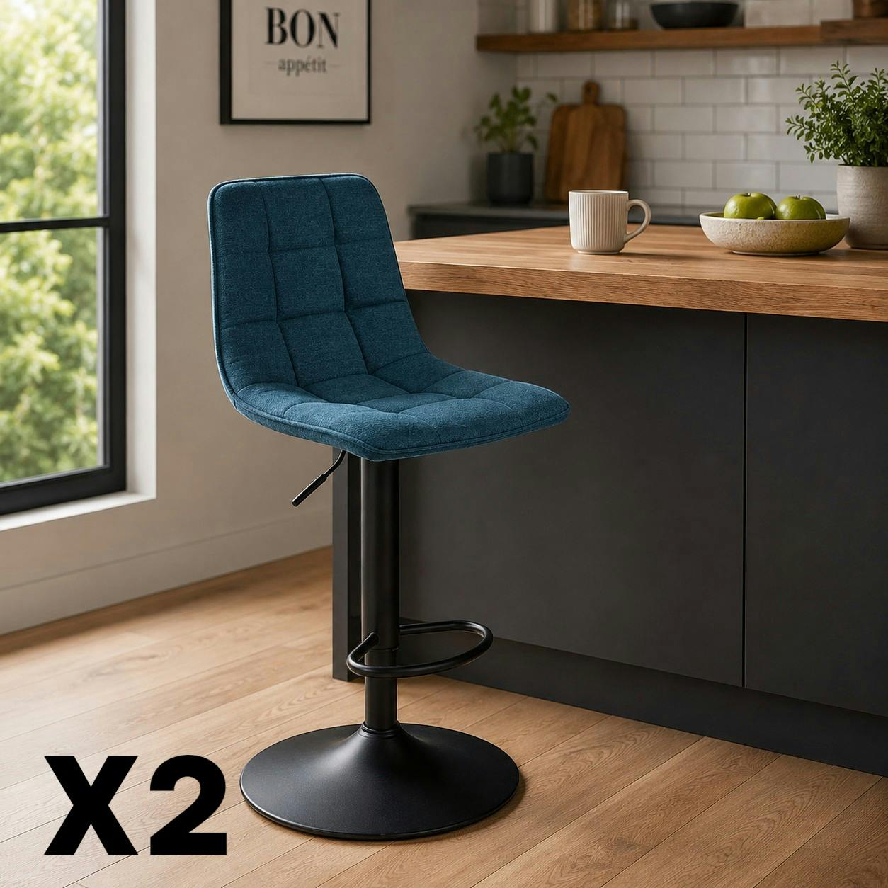 Tabouret de bar réglable tissu bleu damier (lot de 2) LORA