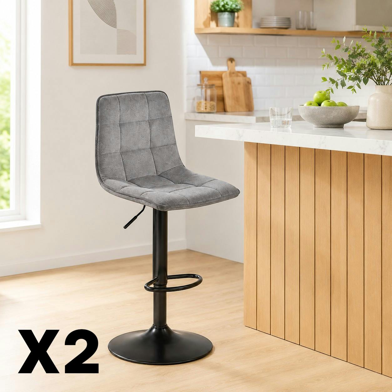 Tabouret de bar réglable tissu gris clair damier (lot de 2) LORA