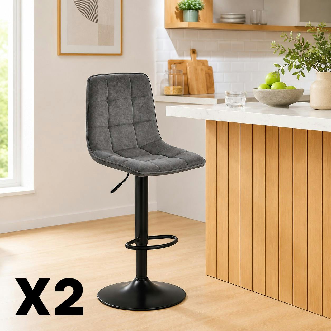 Tabouret de bar réglable tissu gris foncé damier (lot de 2) LORA