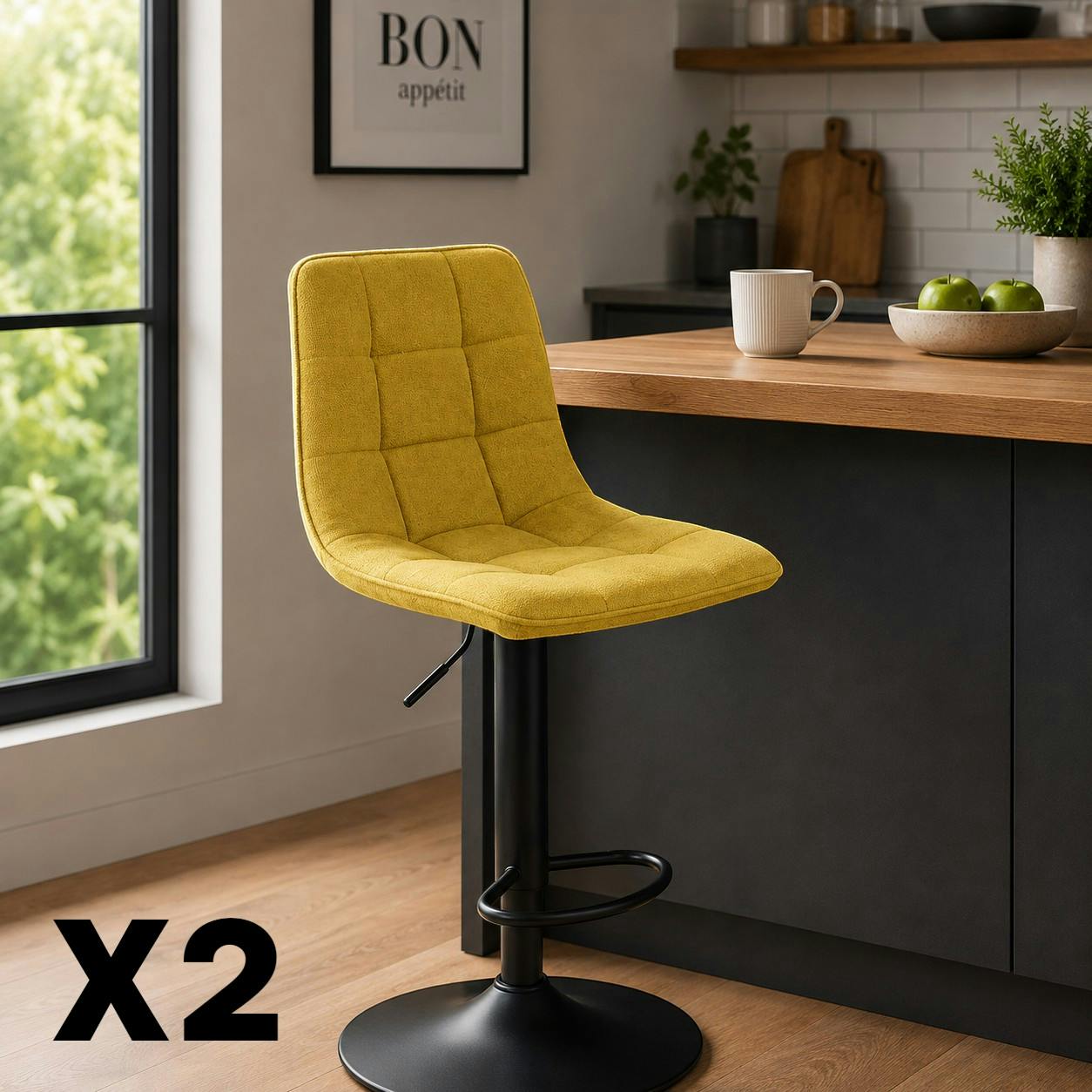 Tabouret de bar réglable tissu jaune damier (lot de 2) LORA
