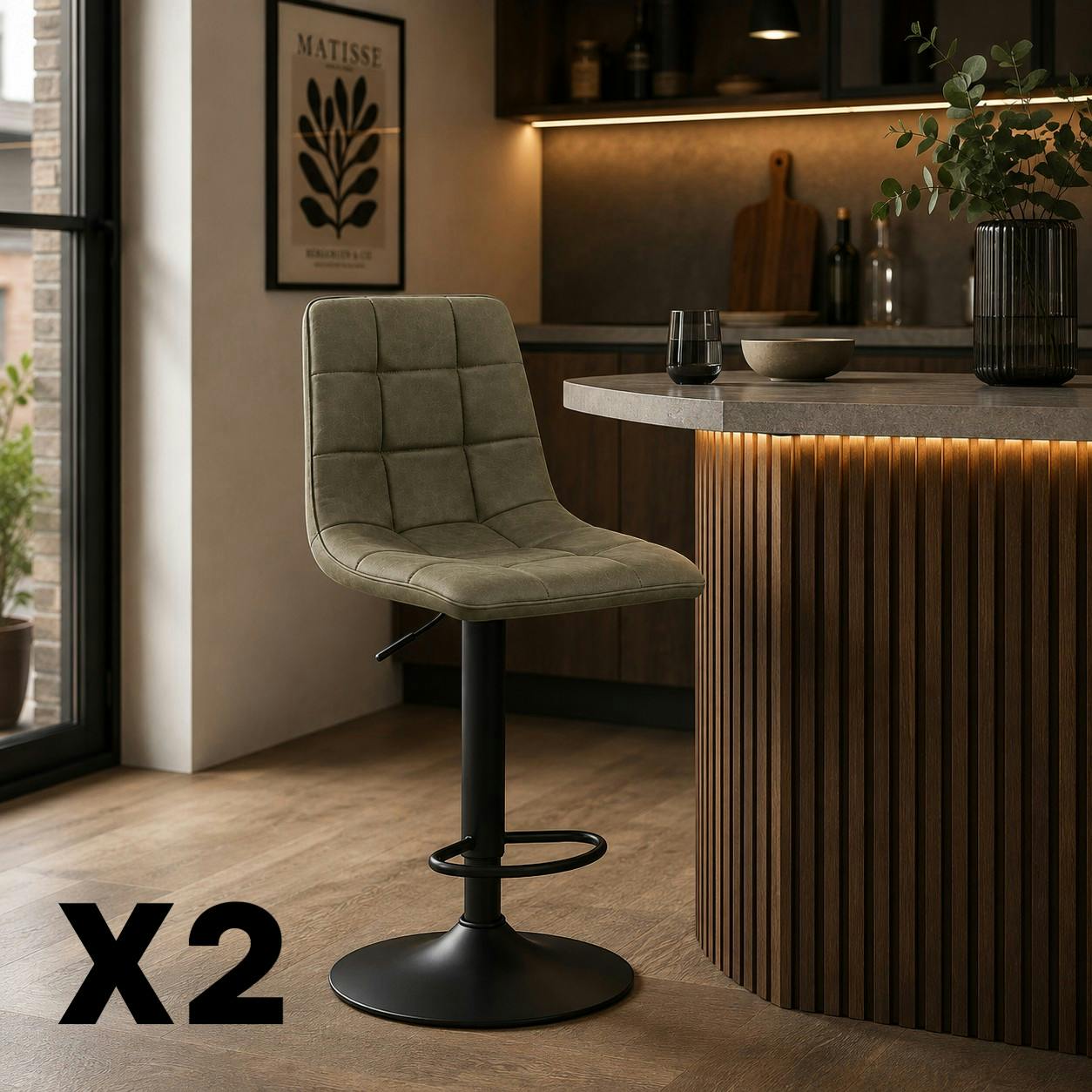 Tabouret de bar réglable vert motif damier (lot de 2) LORA