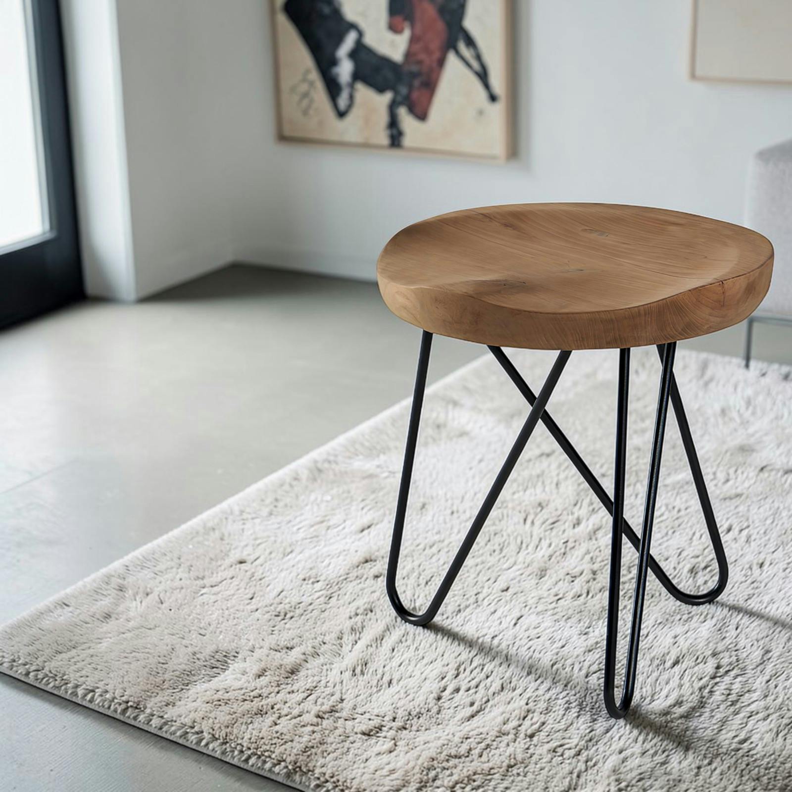 Tabouret en teck massif avec 3 pieds en épingle métal noir D40xH43cm TOWN