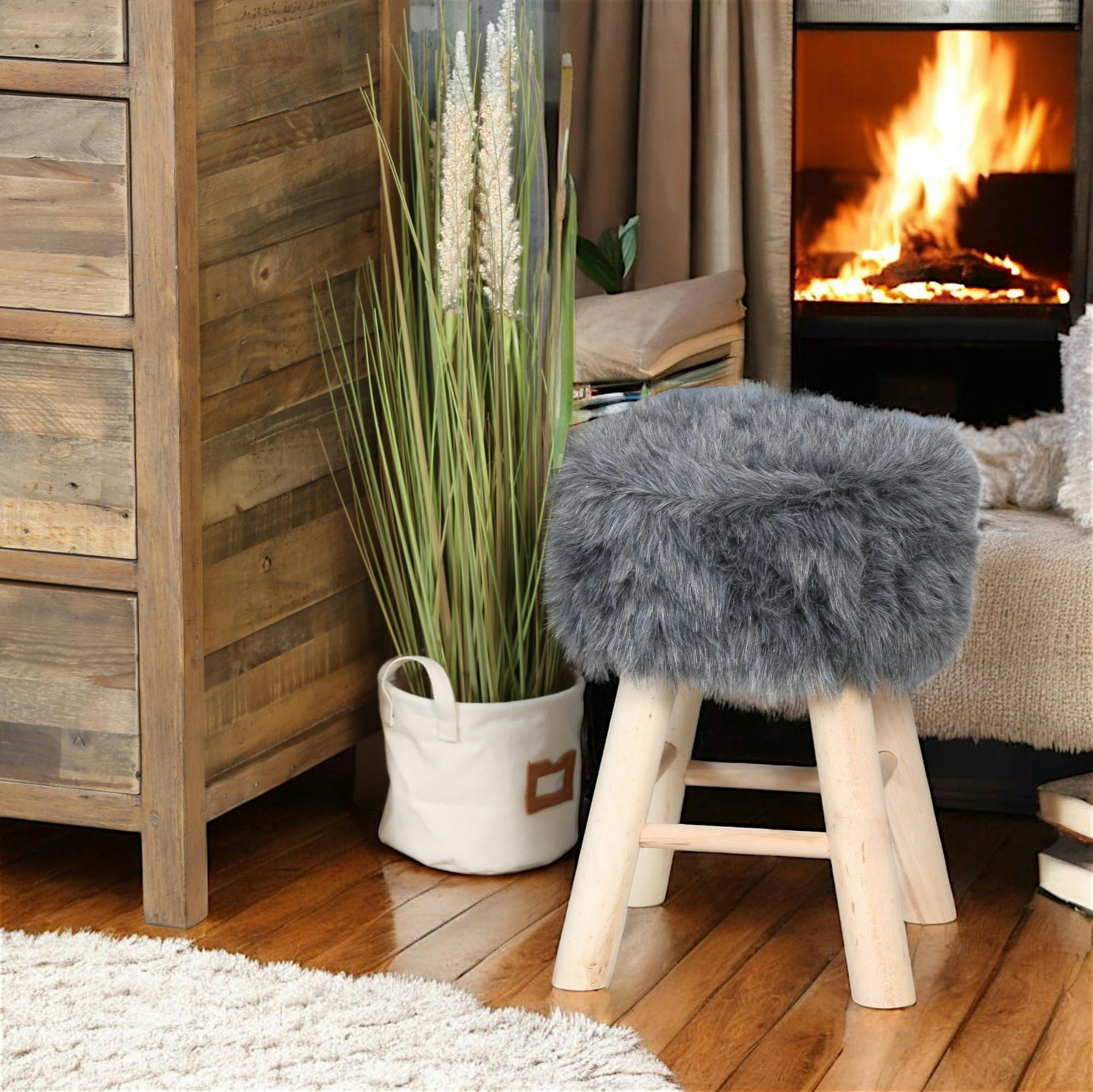 Tabouret fourrure grise synthétique