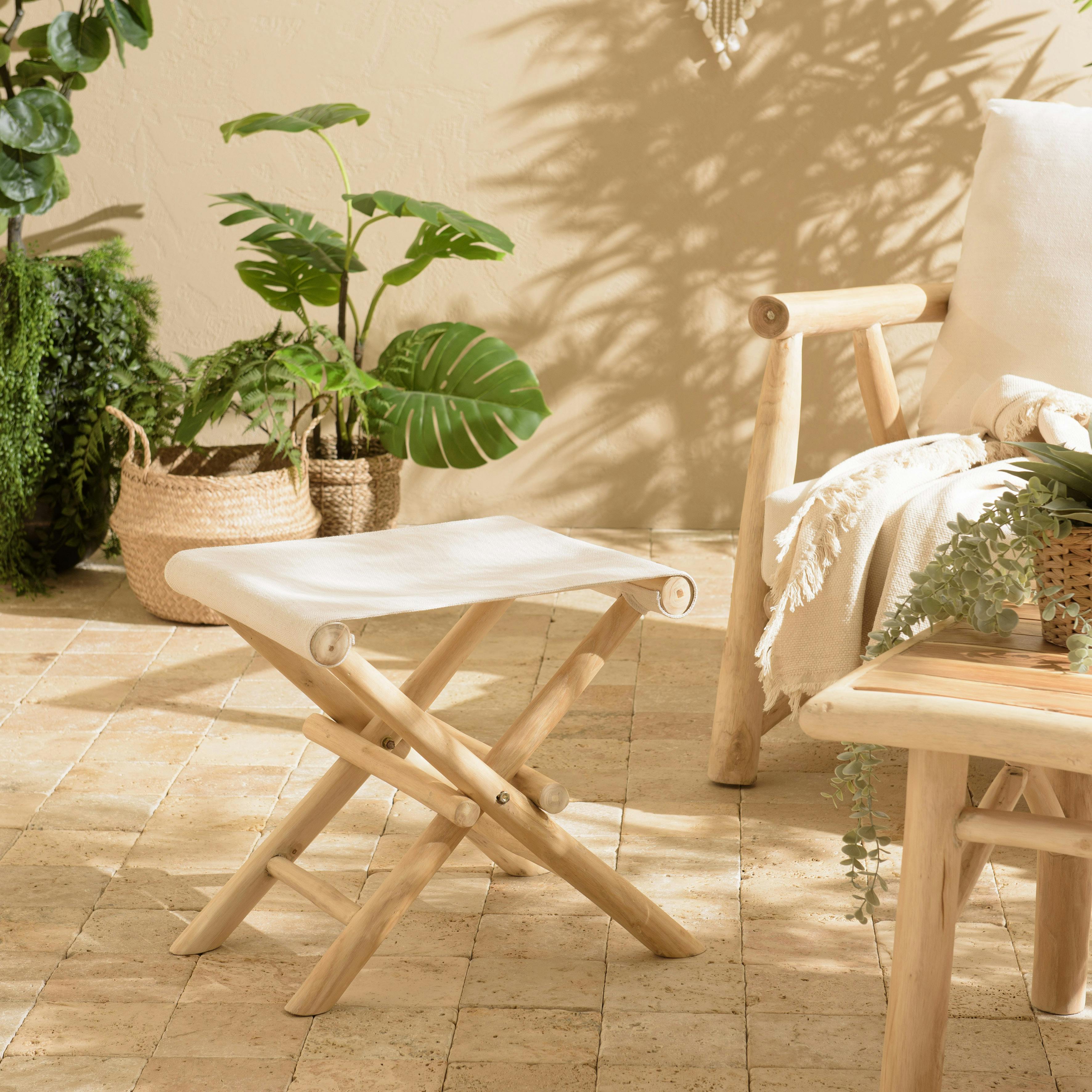Tabouret pliant rondins de teck naturel et tissu blanc MANAK