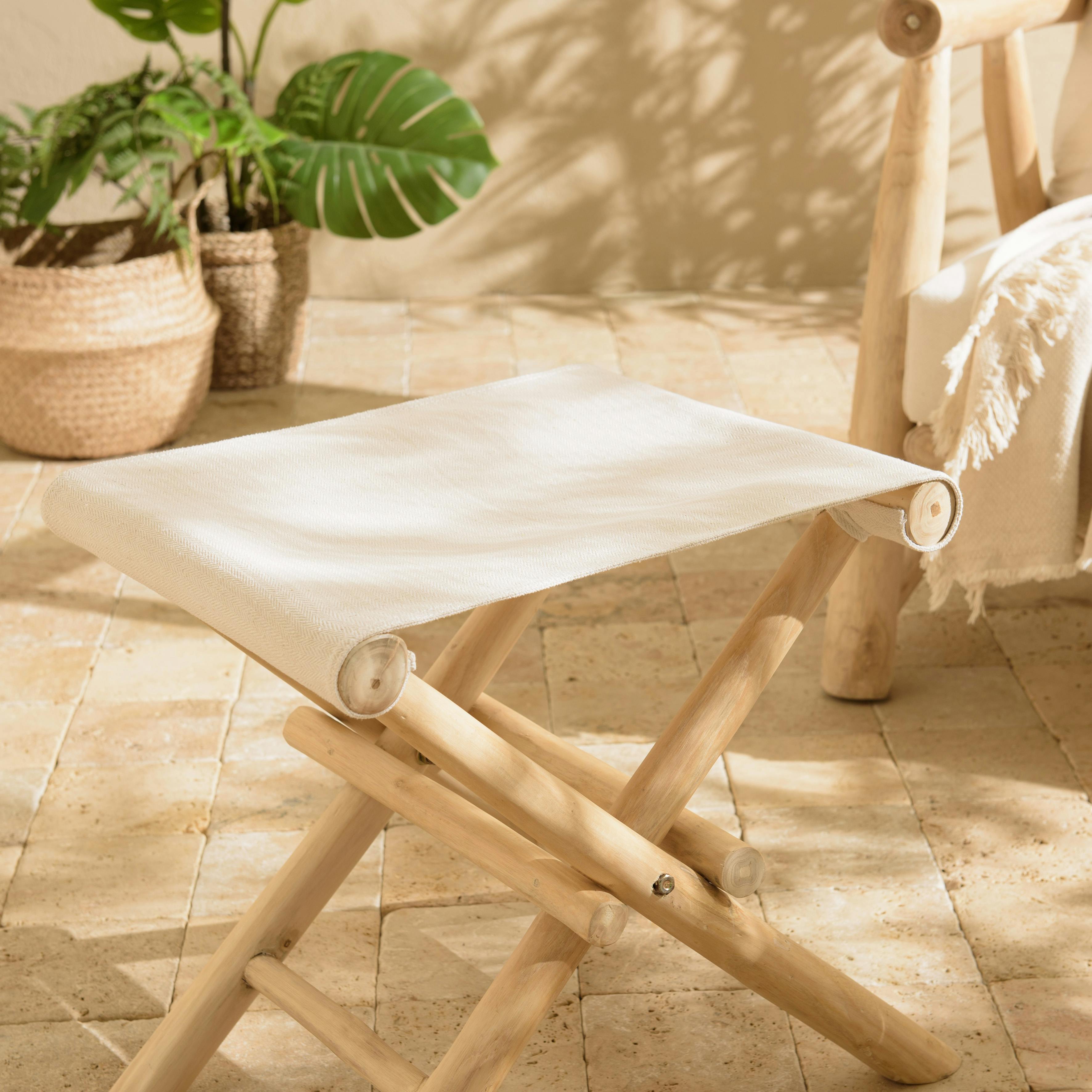 Tabouret pliant rondins de teck naturel et tissu blanc MANAK