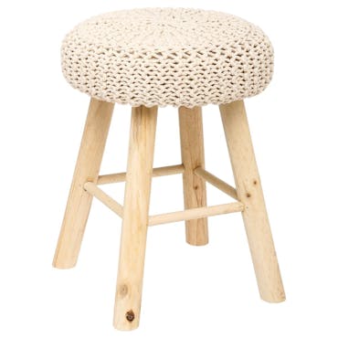  Tabouret / Pouf assise en maille coton beige et pieds bois D30xH41cm