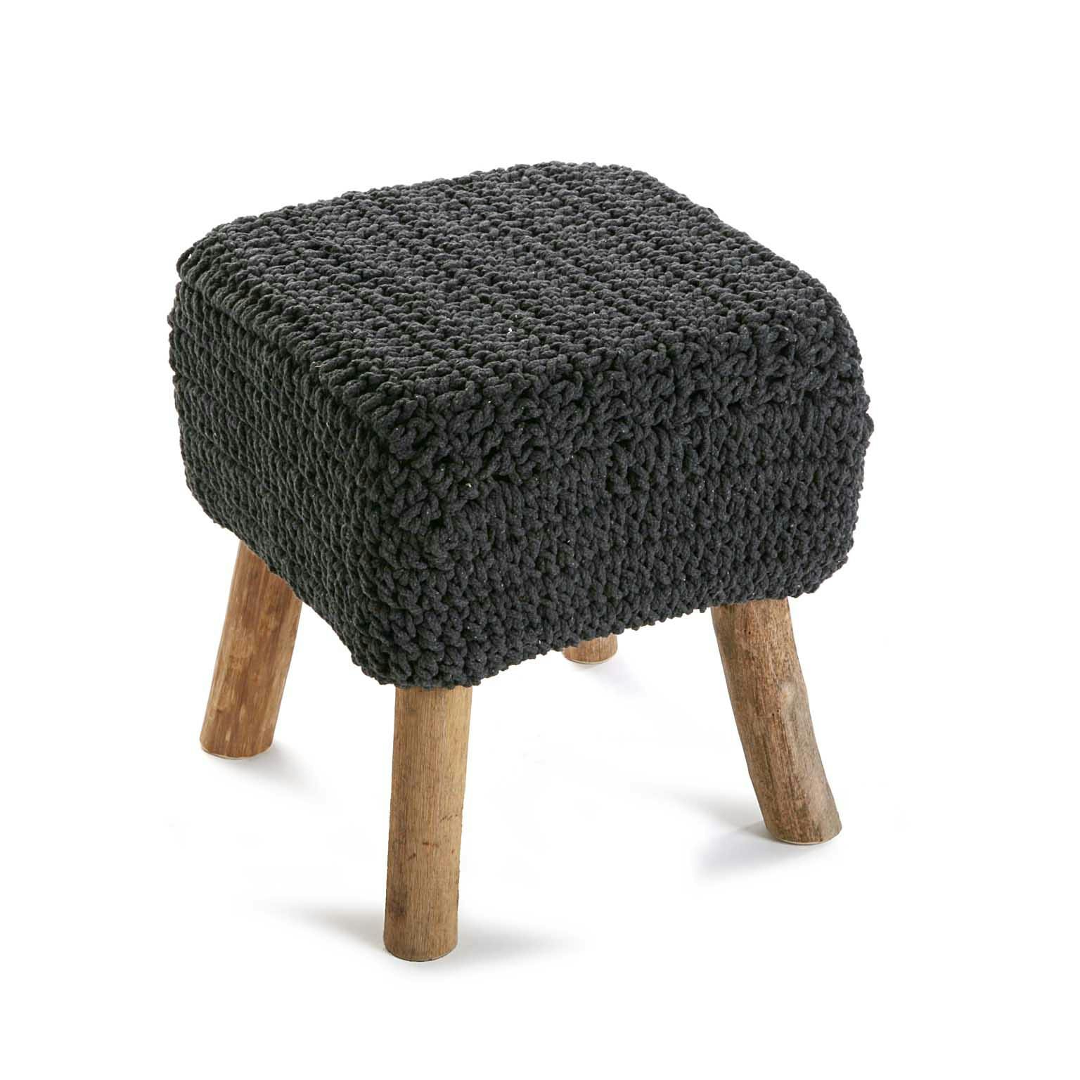 Tabouret pouf carré assise en maille tissu gris et pieds bois 35xH40cm