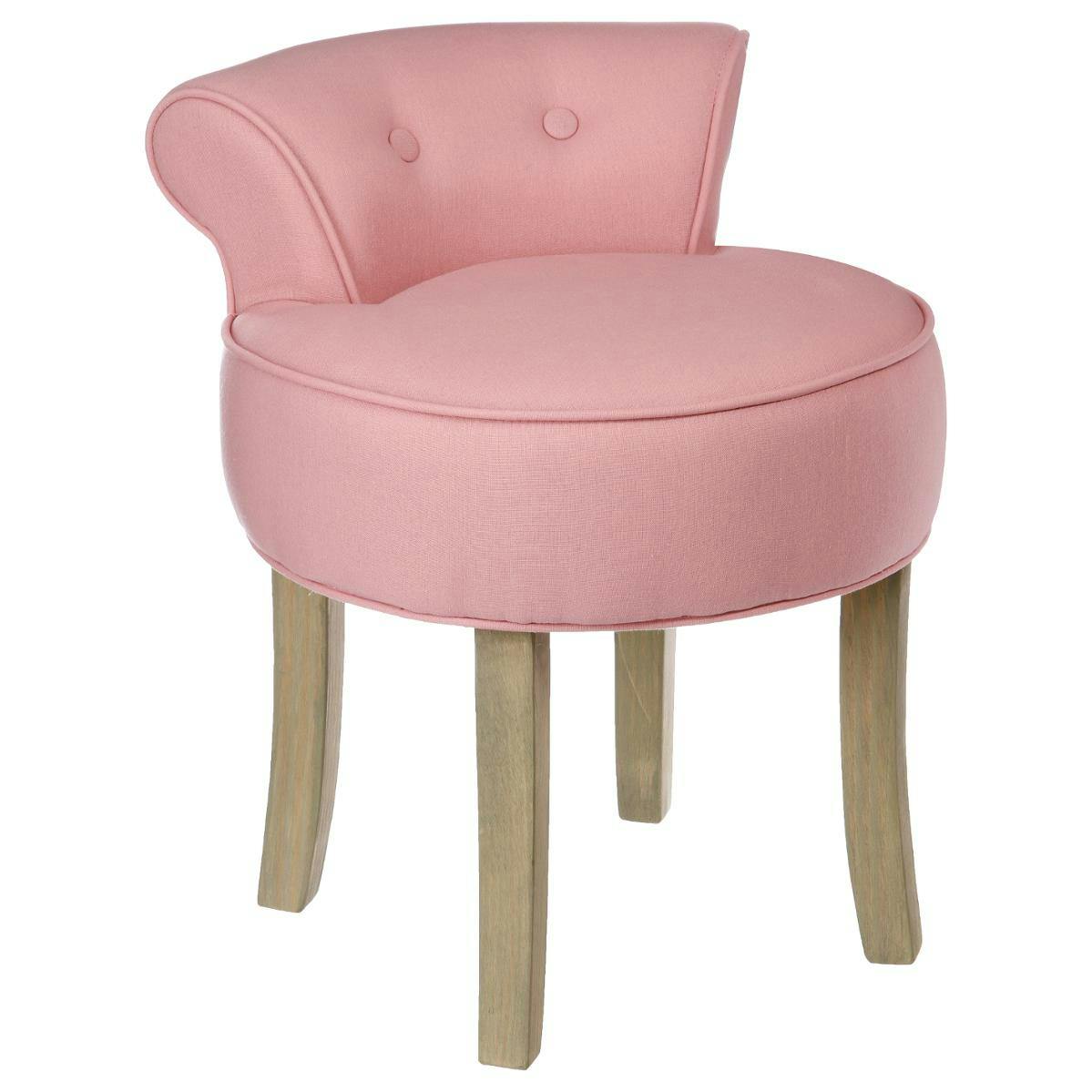 Tabouret Pouf dossier capitonné en tissu couleur vieux rose et pieds bois 46x49xH58cm