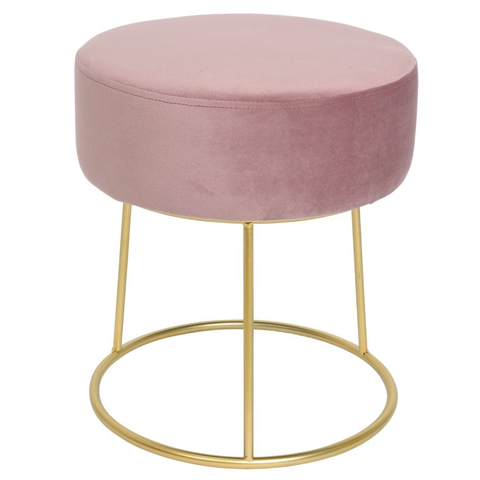 Tabouret pouf en velours rose et pieds métal D35cm