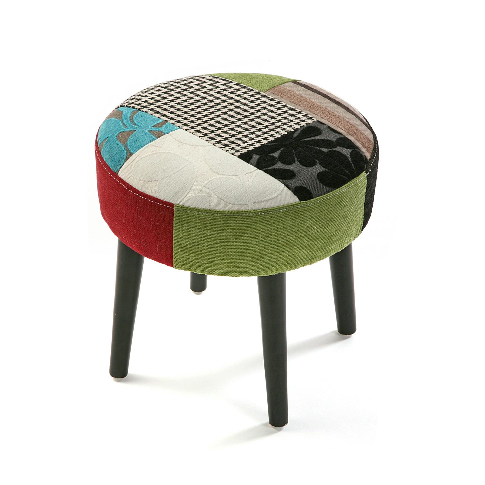 Tabouret pouf rond en tissu Patchwork coloré et pieds bois D35xH35cm EIDER
