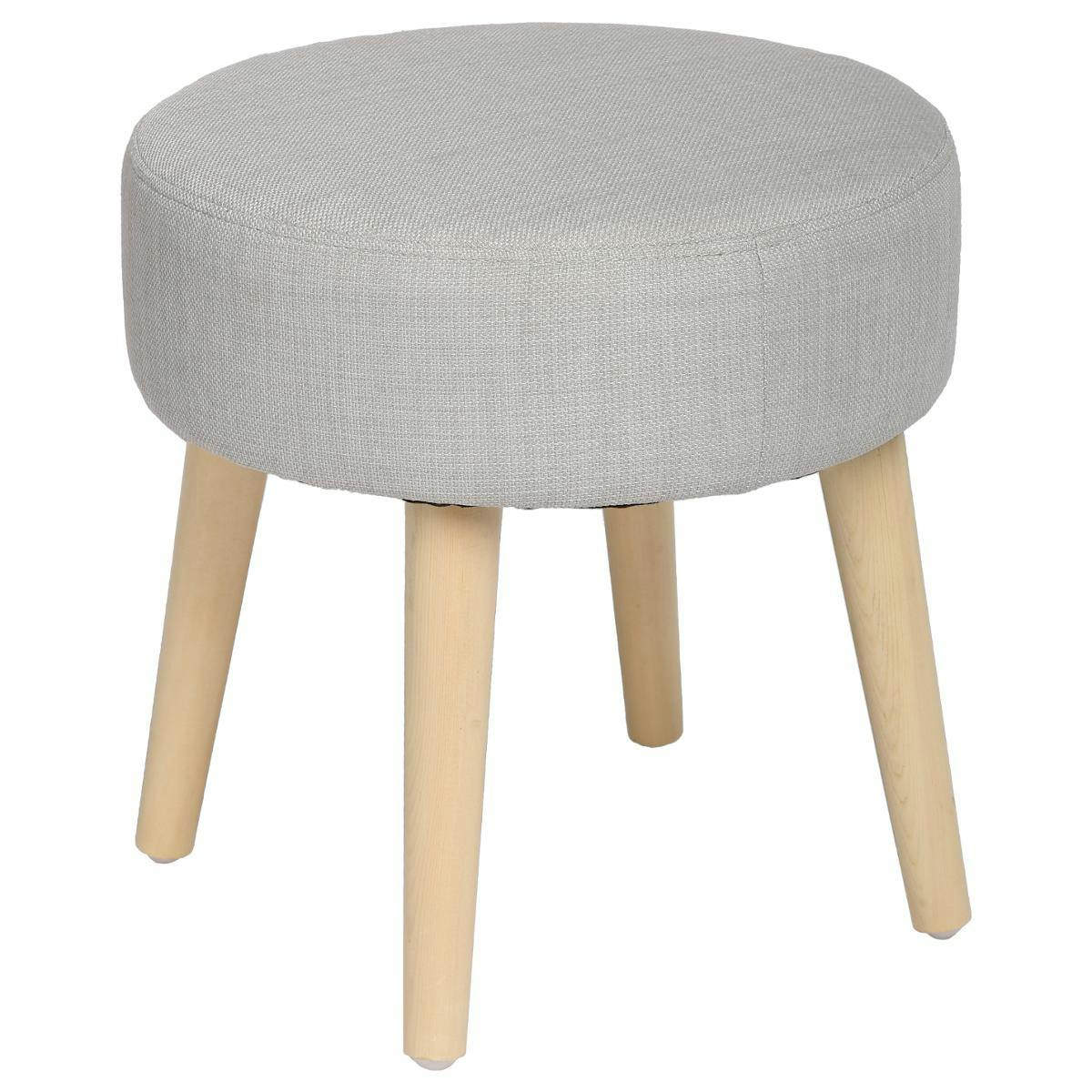 Tabouret pouf rond esprit Scandinave en tissu gris clair et pieds bois D35xH35cm