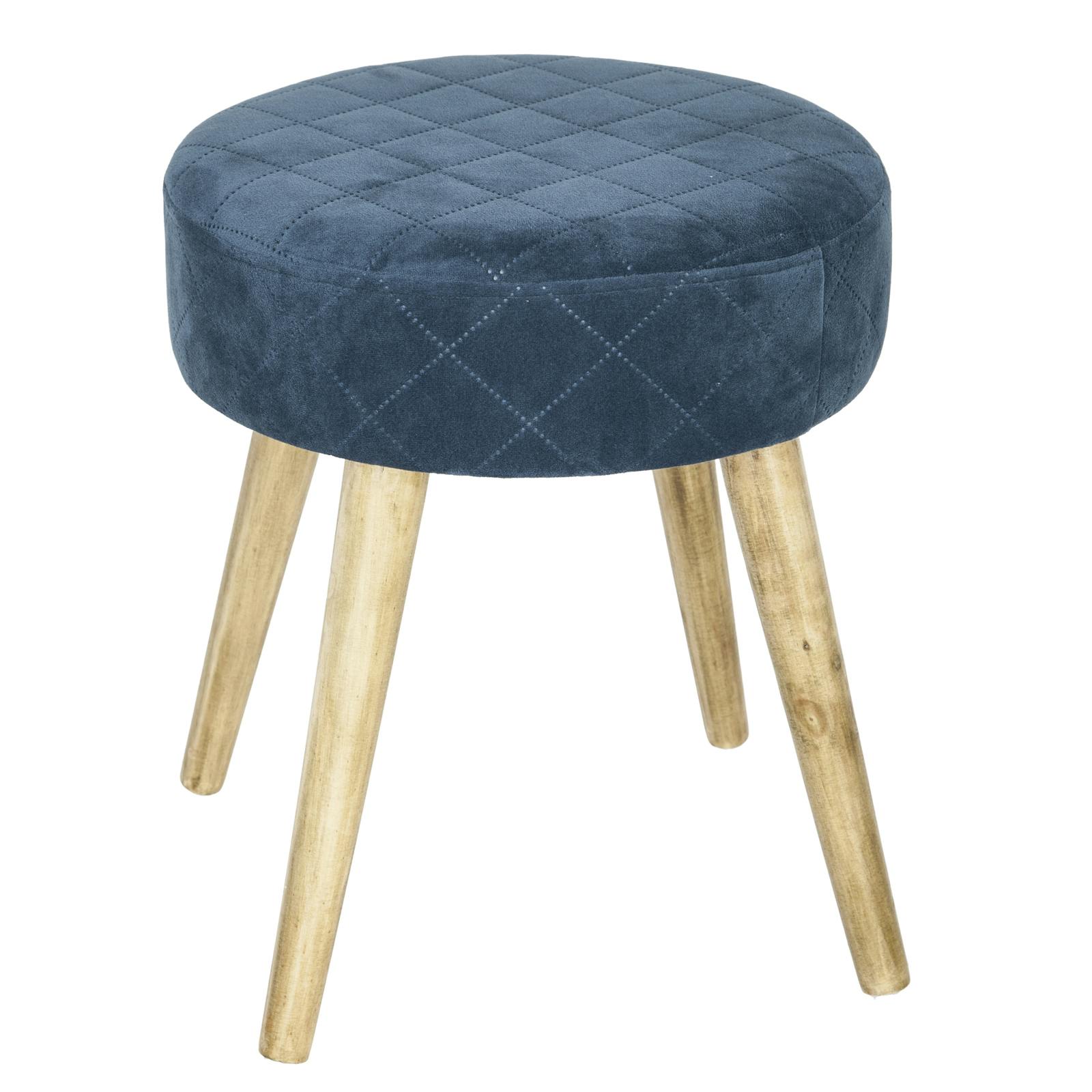 Tabouret Pouf rond esprit Scandinave en velours à carreaux bleu nuit D35xH40cm