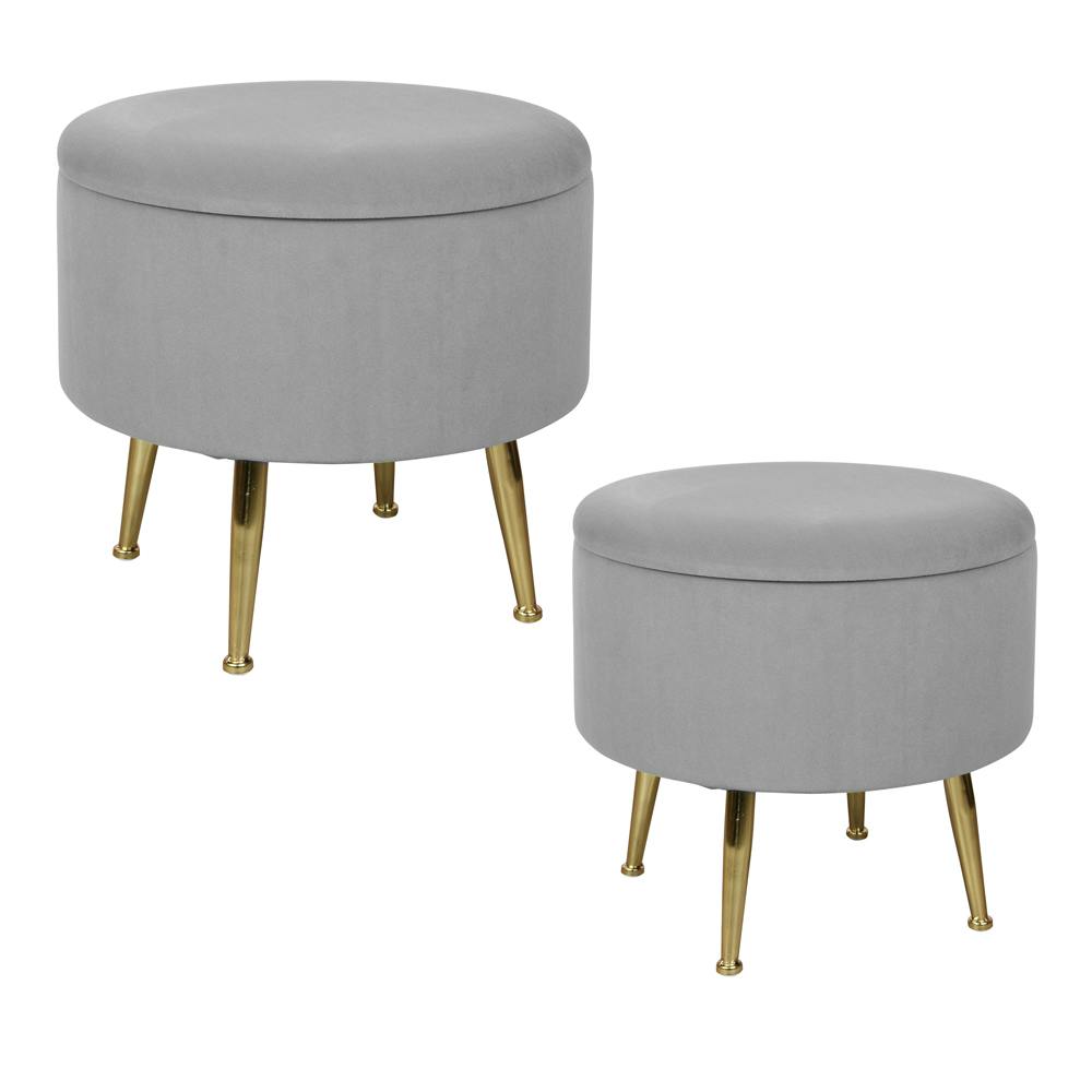 Tabouret pouf rond tissu gris pieds dorés TIM (lot  de 2)