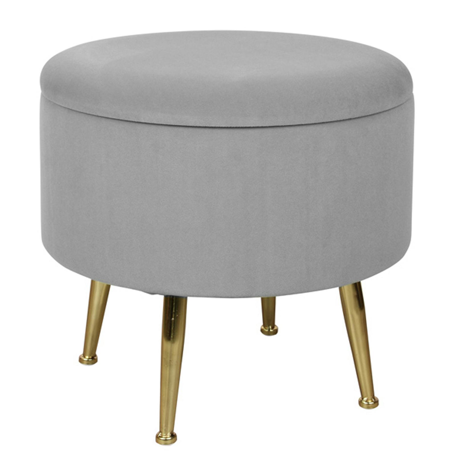 Tabouret pouf rond tissu gris pieds dorés TIM (lot  de 2)