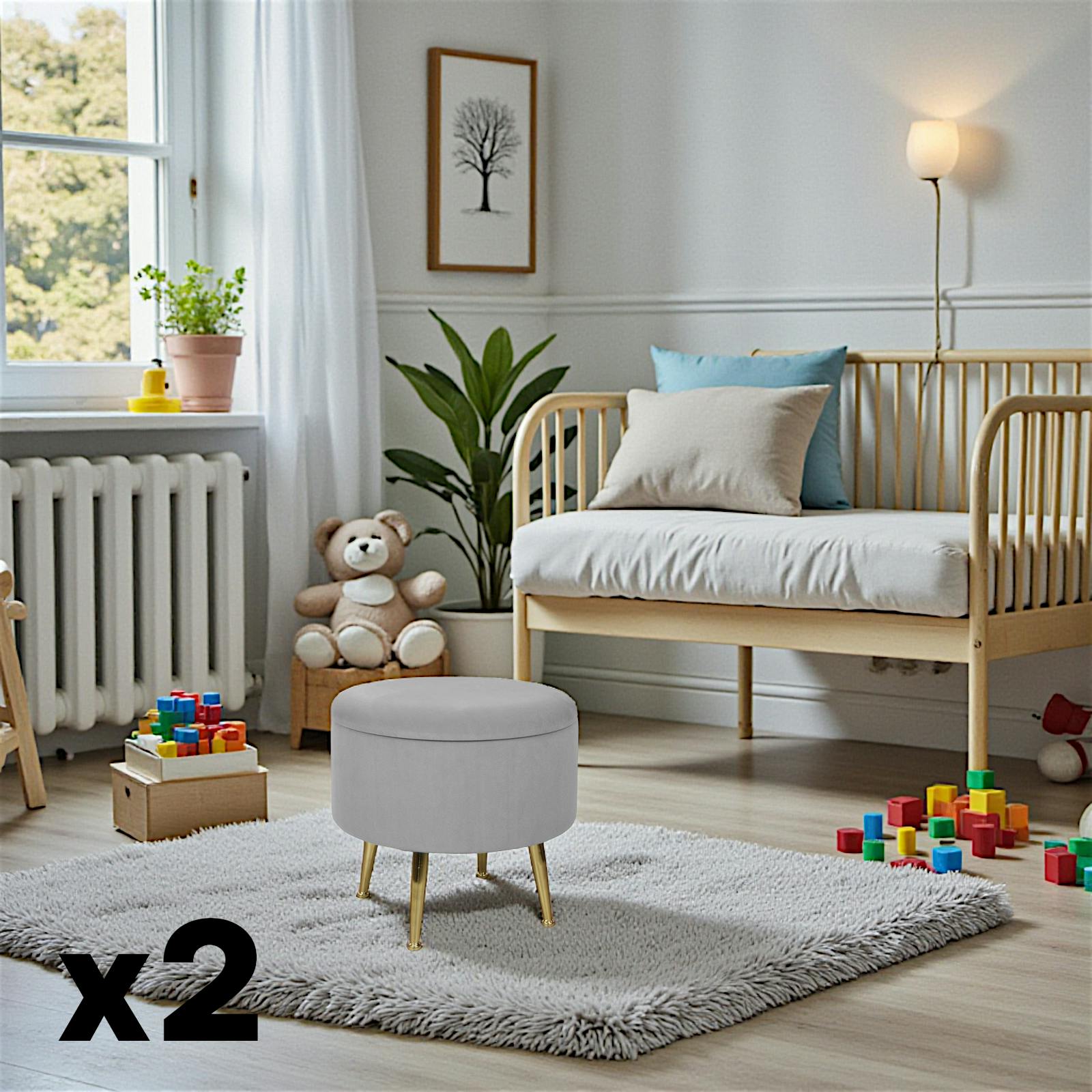 Tabouret pouf rond tissu gris pieds dorés TIM (lot  de 2)