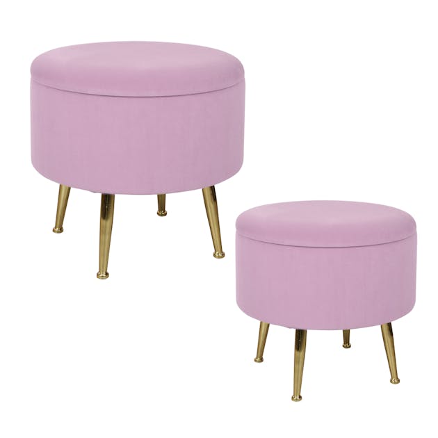 Lot De 2 Poufs Ronds En Velours Avec Rangement - Tabouret Ou Repose-Pieds - Rose - 35x45 Cm Et 30x39 Cm