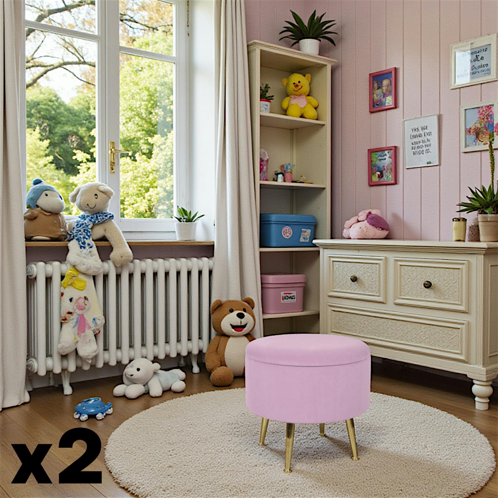 Tabouret pouf rond tissu rose pieds dorés TIM  (lot  de 2)