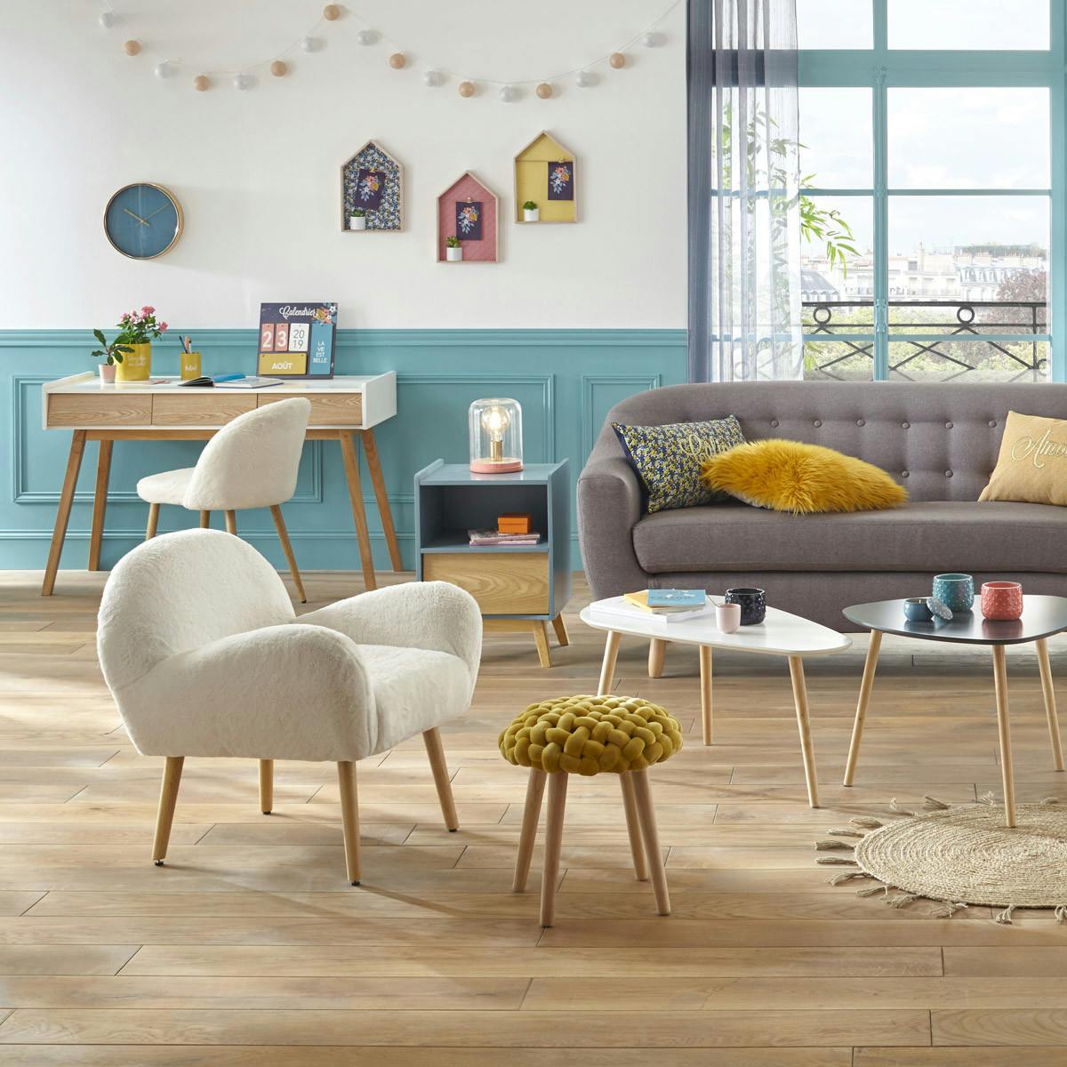 Tabouret rond avec assise en tricot couleur moutarde
