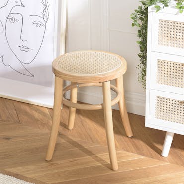  Tabouret rond bois clair assise cannage style bistrot TIM