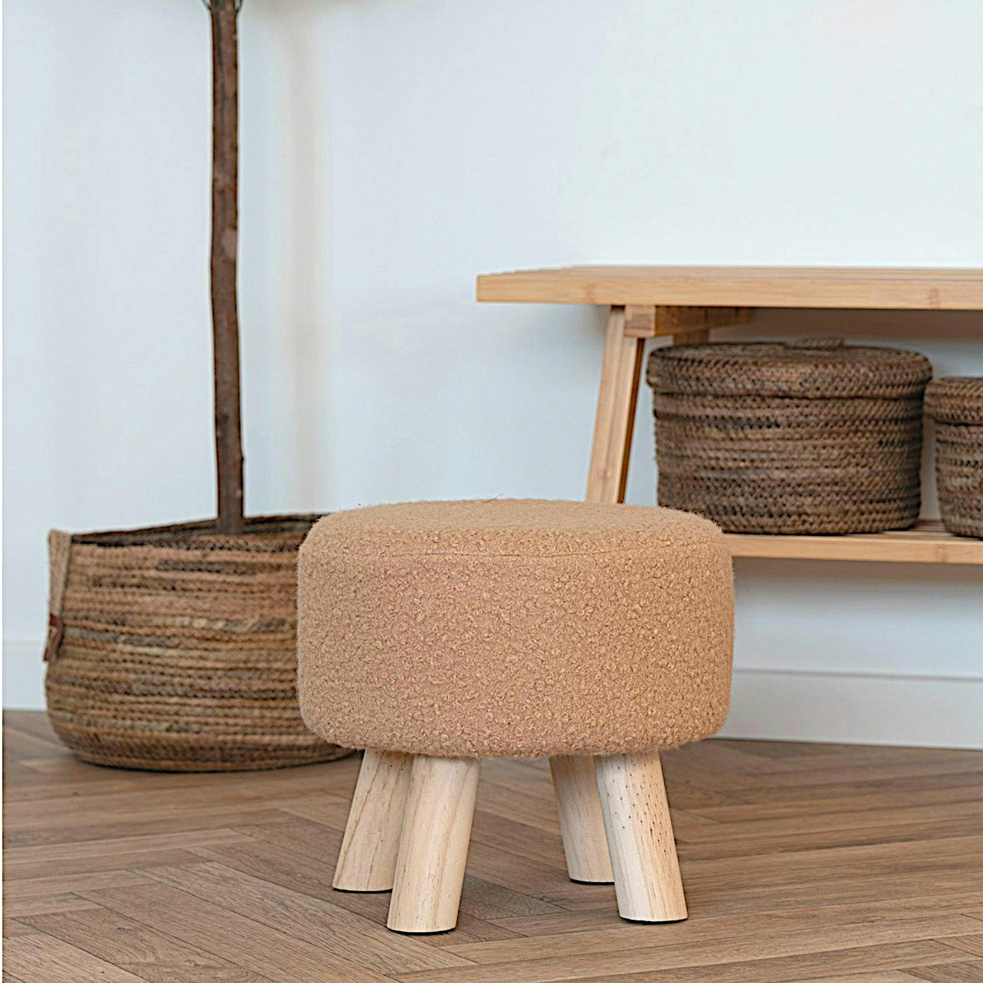 Tabouret rond en teck et fausse fourrure beige - 4 pieds ARIZONA