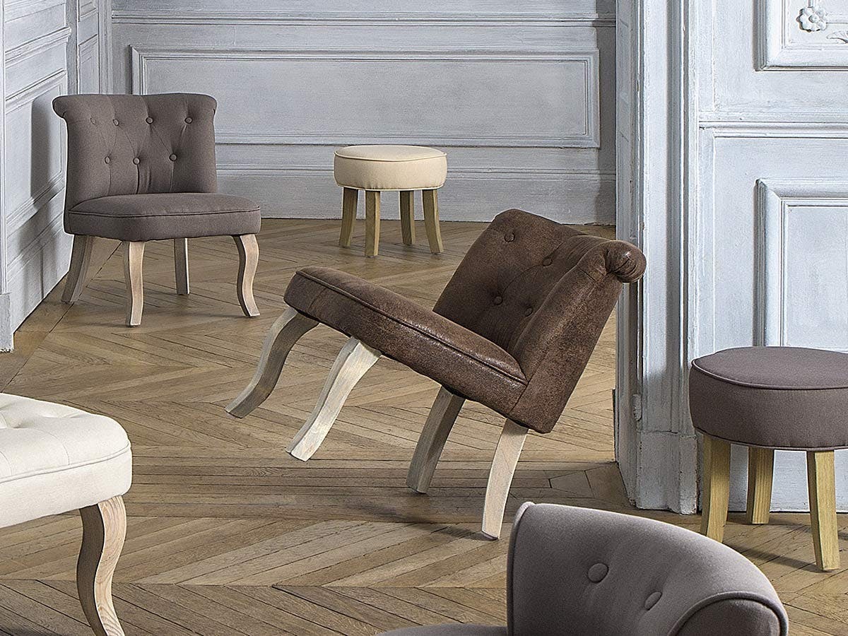 Tabouret rond tissu lin beige pieds bois 35x35