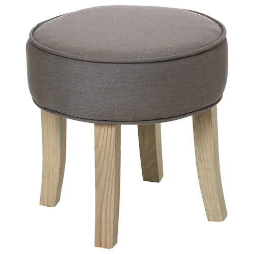 Tabouret rond tissu lin gris pieds bois 35x35