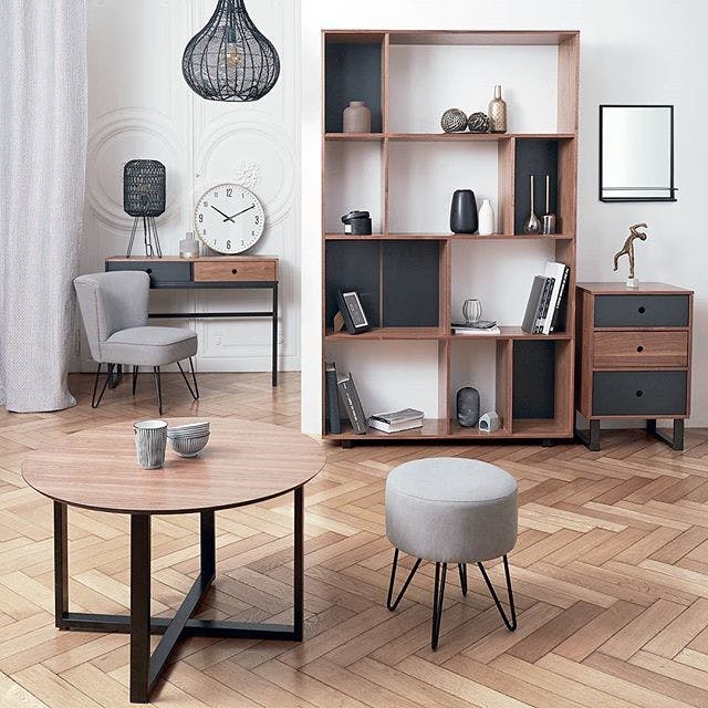Tabouret tissu gris clair et pieds métal noir 35x35x40cm