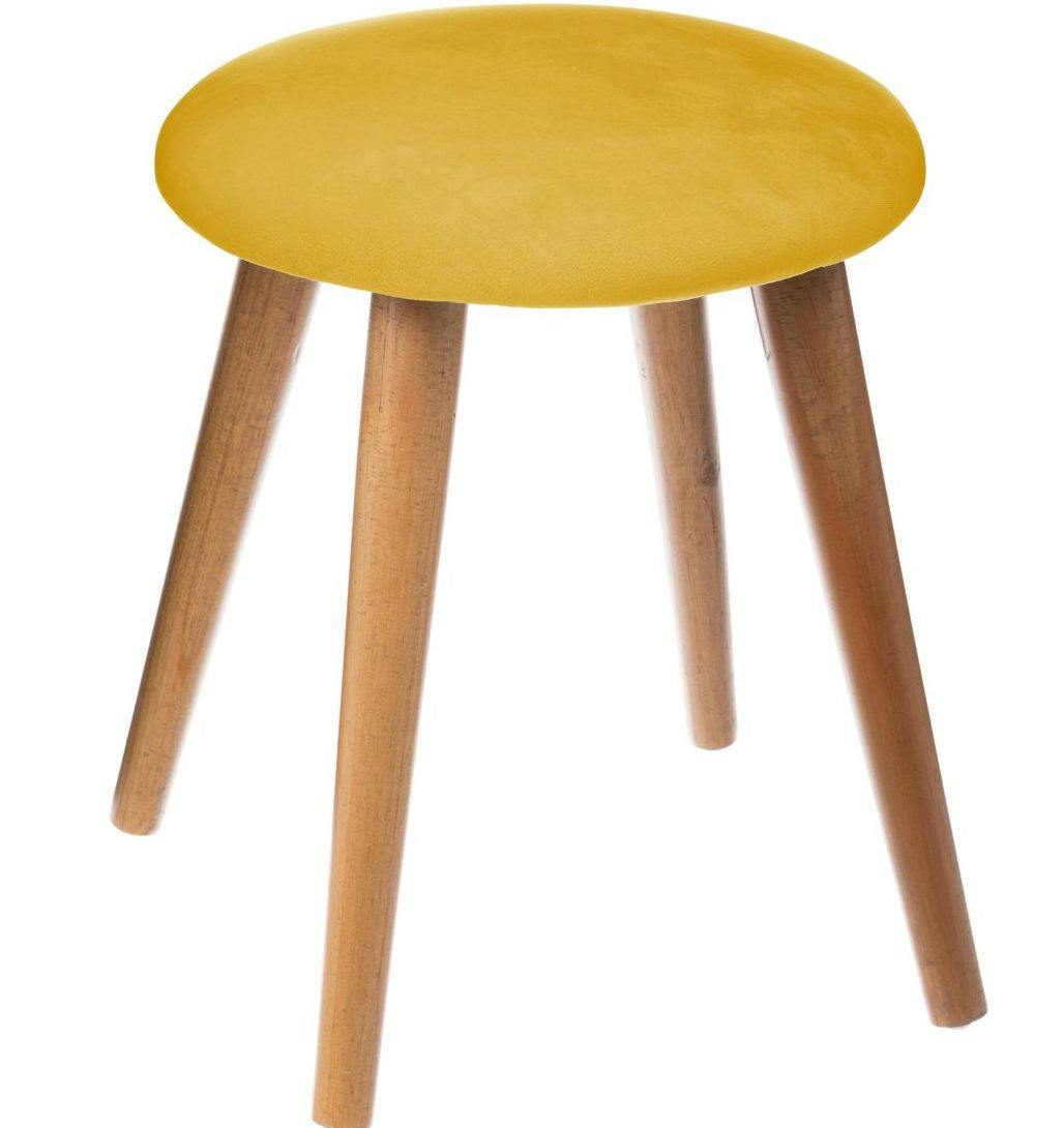Tabouret velours jaune moutarde pieds bois