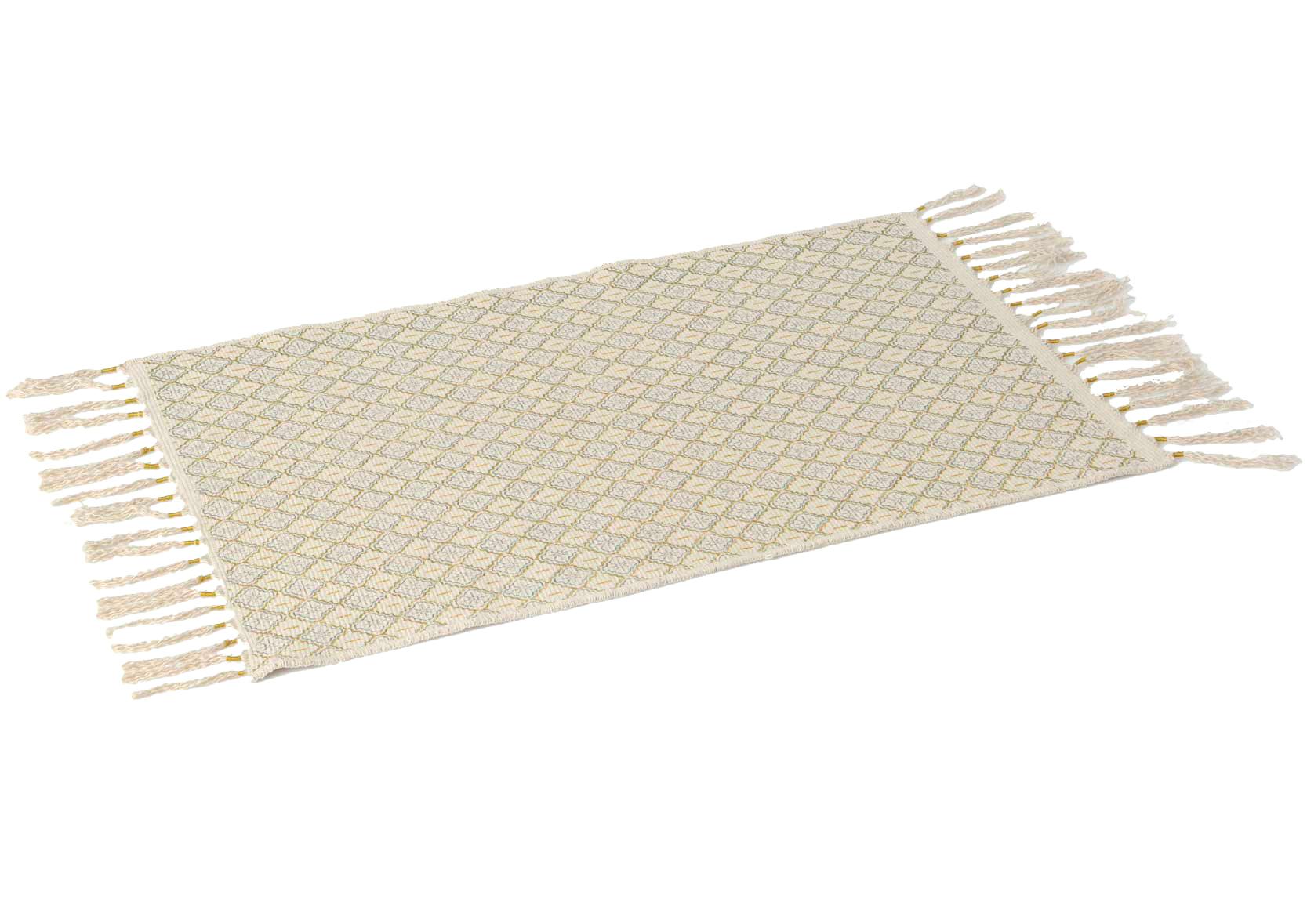 Tapis Camelia en coton couleur naturelle et motifs tons doré, bleu, gris et franges 60x90cm
