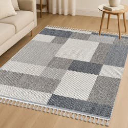 Tapis de salon gris et bleu – motifs carrés, 120x180 cm ISTANBUL