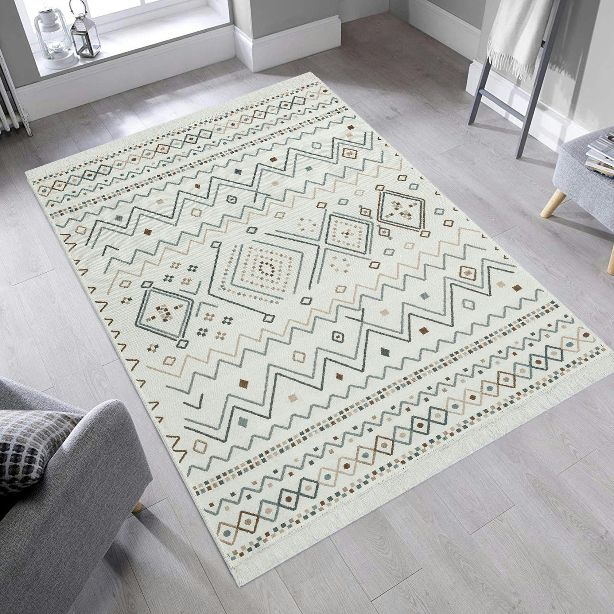 Tapis réversible en coton crème et brun – motifs graphiques
