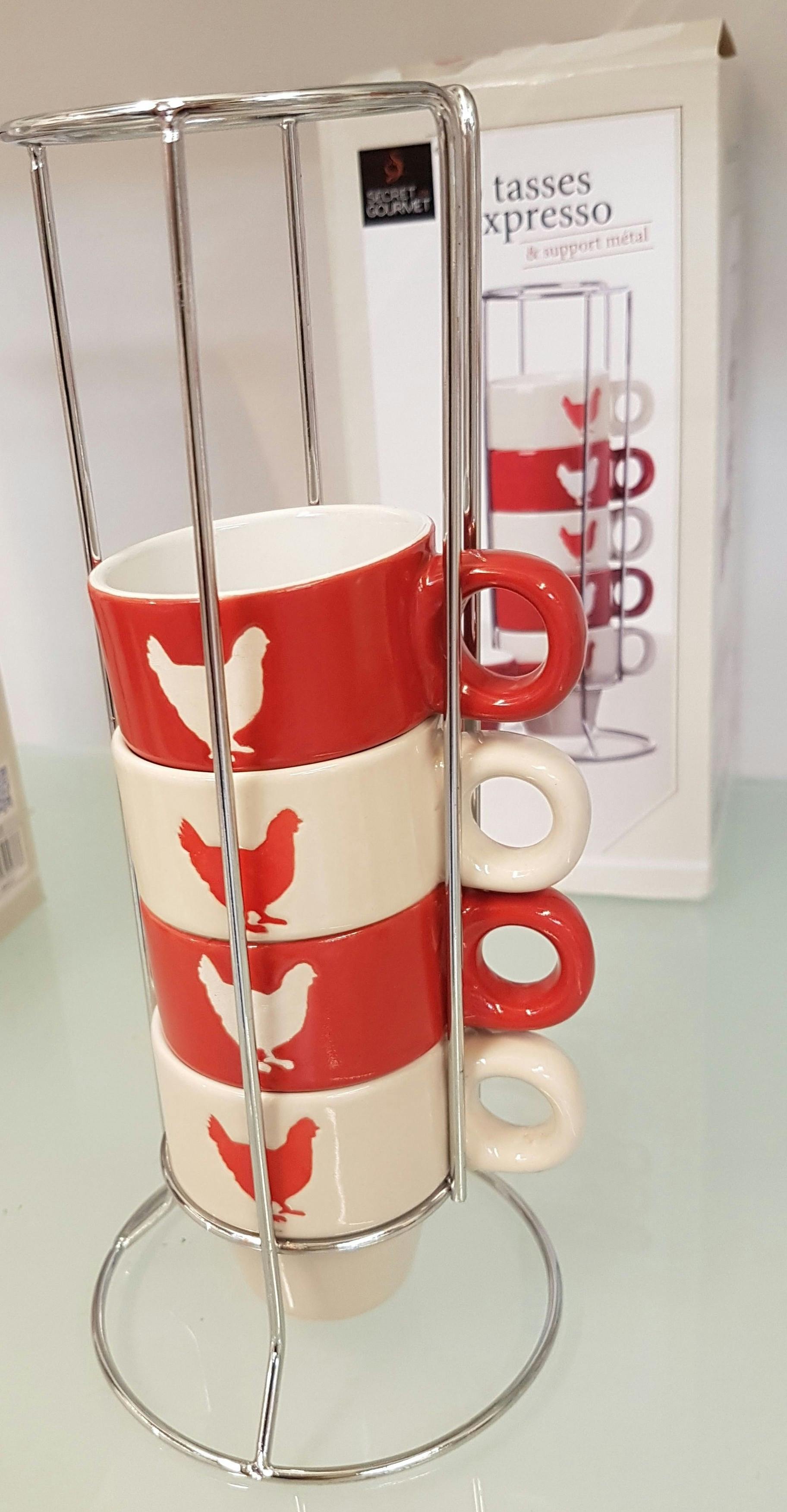 Tasses en céramique écru et rouge décor poule avec support en métal chromé 15x13,5x17cm