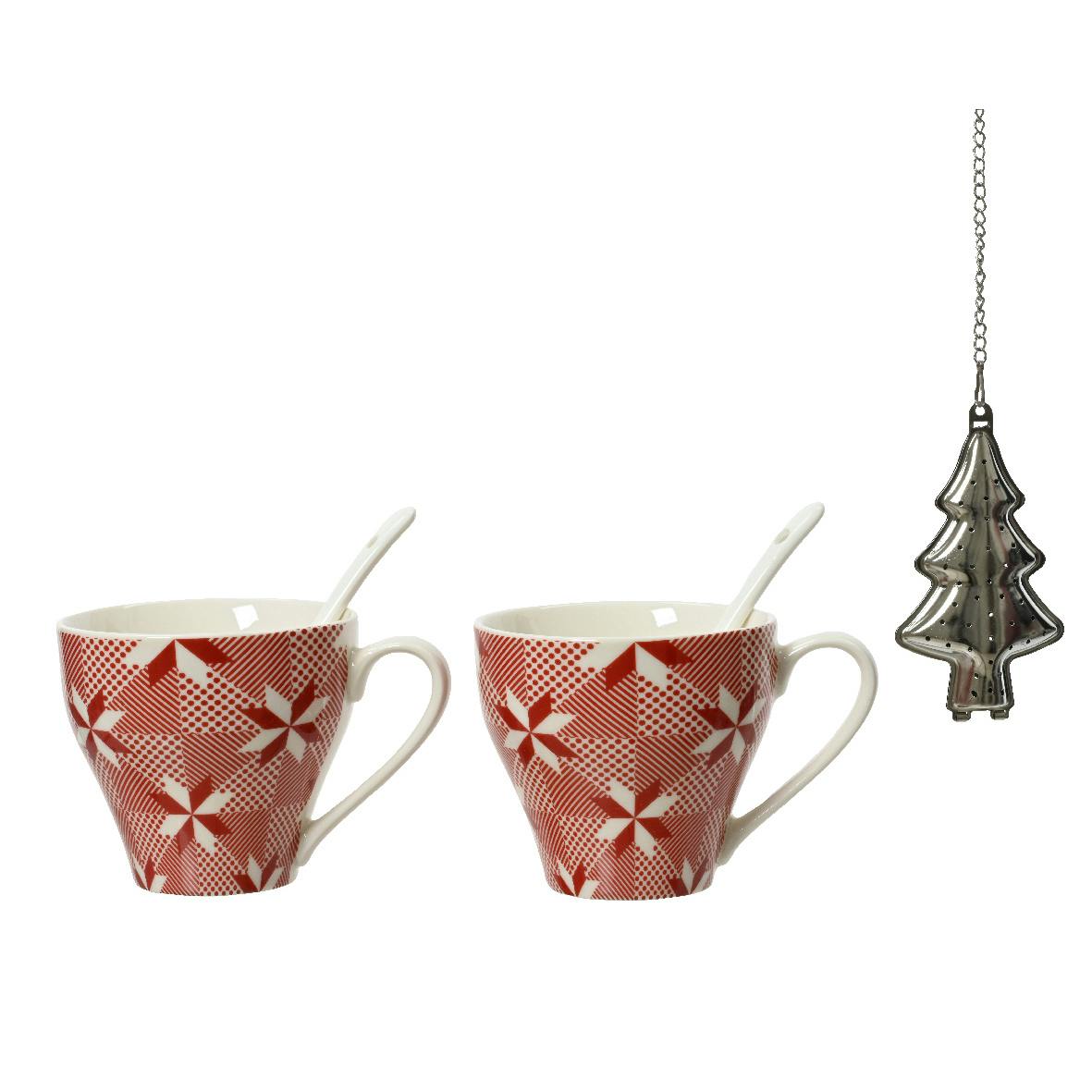 Tasses x2 rouges et blanches + cuillères + infuseur (coffret cadeau)